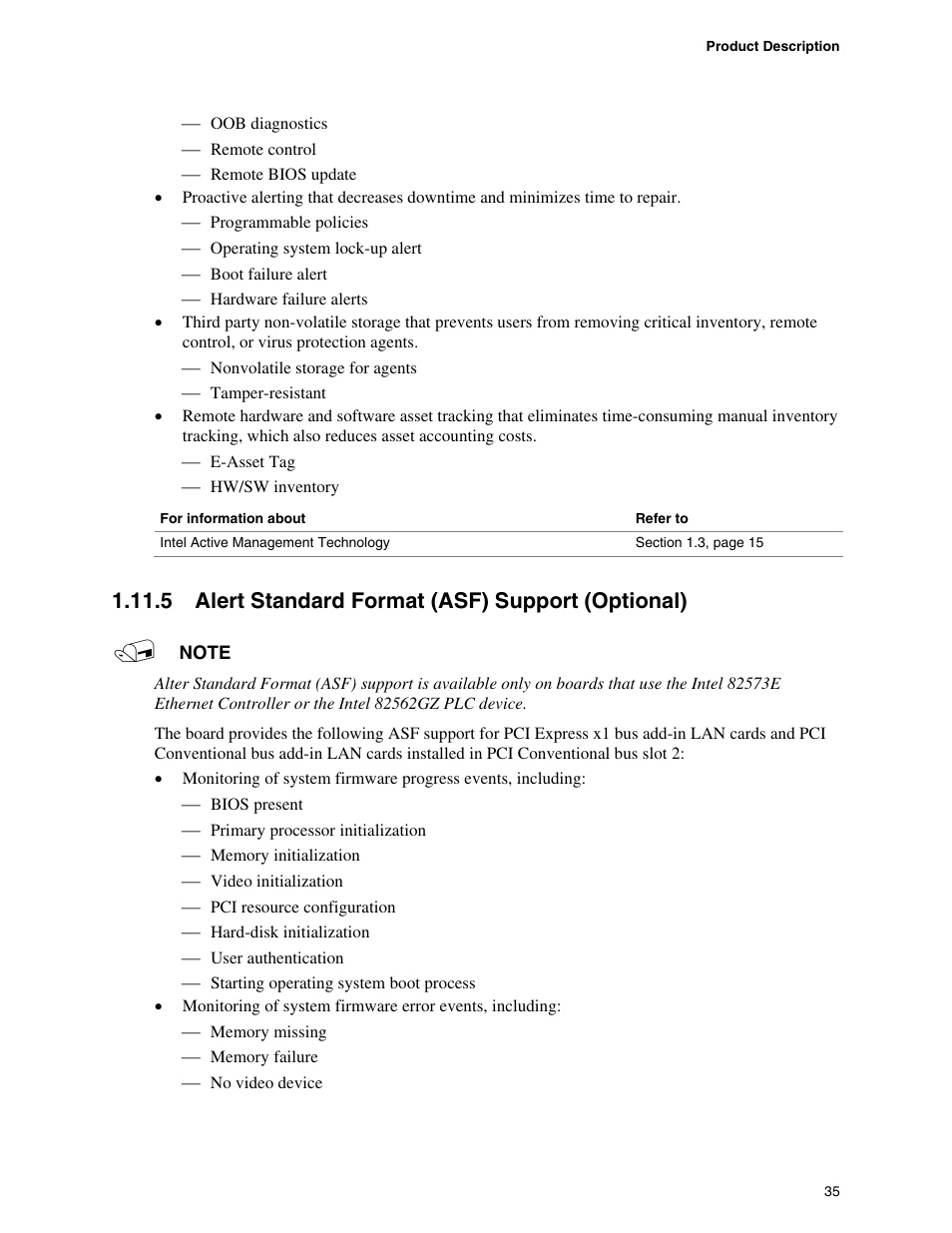 5 alert standard format (asf) support (optional), Alert standard format (asf) support (optional) | chiliGREEN D945GBZ User Manual | Page 35 / 92