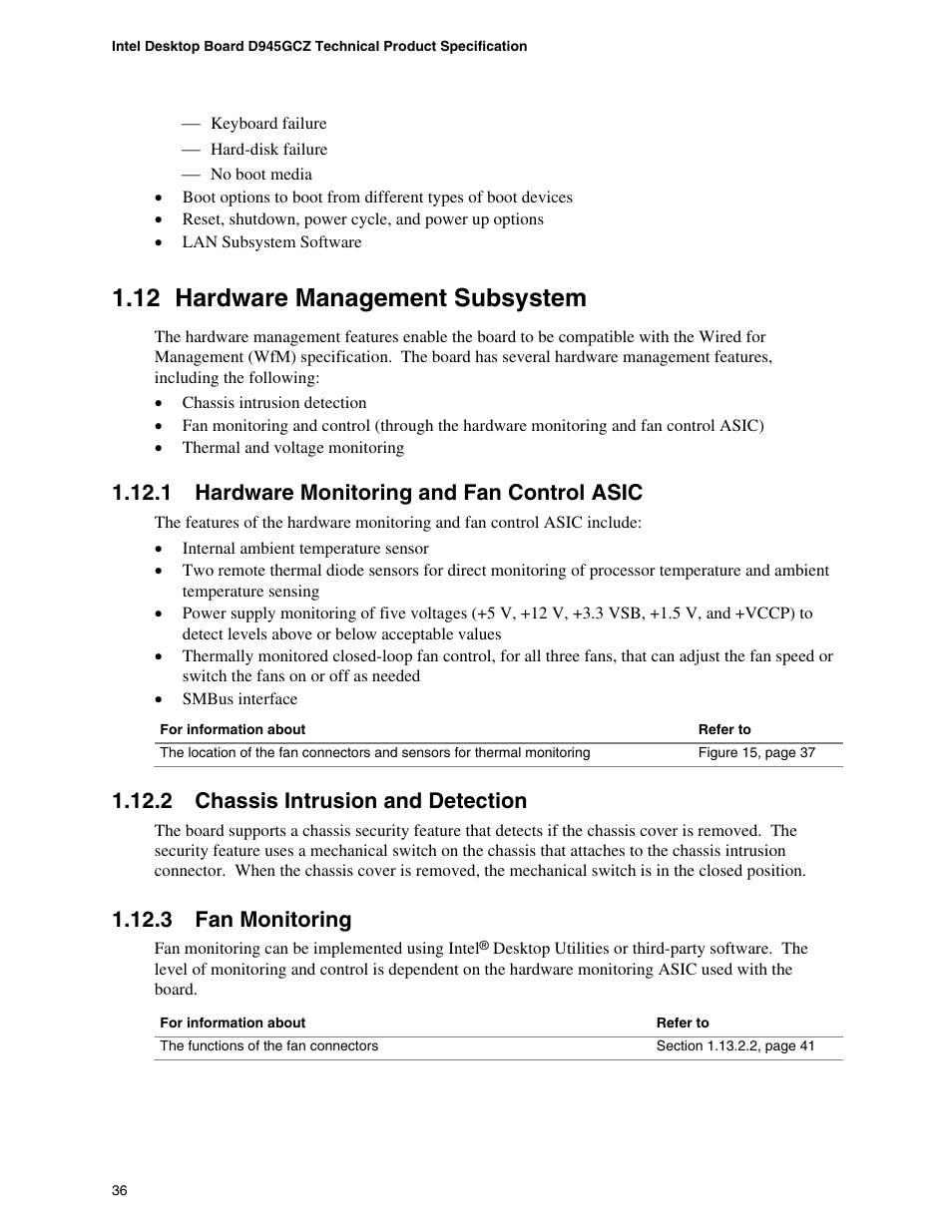 12 hardware management subsystem, 1 hardware monitoring and fan control asic, 2 chassis intrusion and detection | 3 fan monitoring, Hardware management subsystem, Hardware monitoring and fan control asic, Chassis intrusion and detection, Fan monitoring | chiliGREEN D945GBZ User Manual | Page 36 / 92