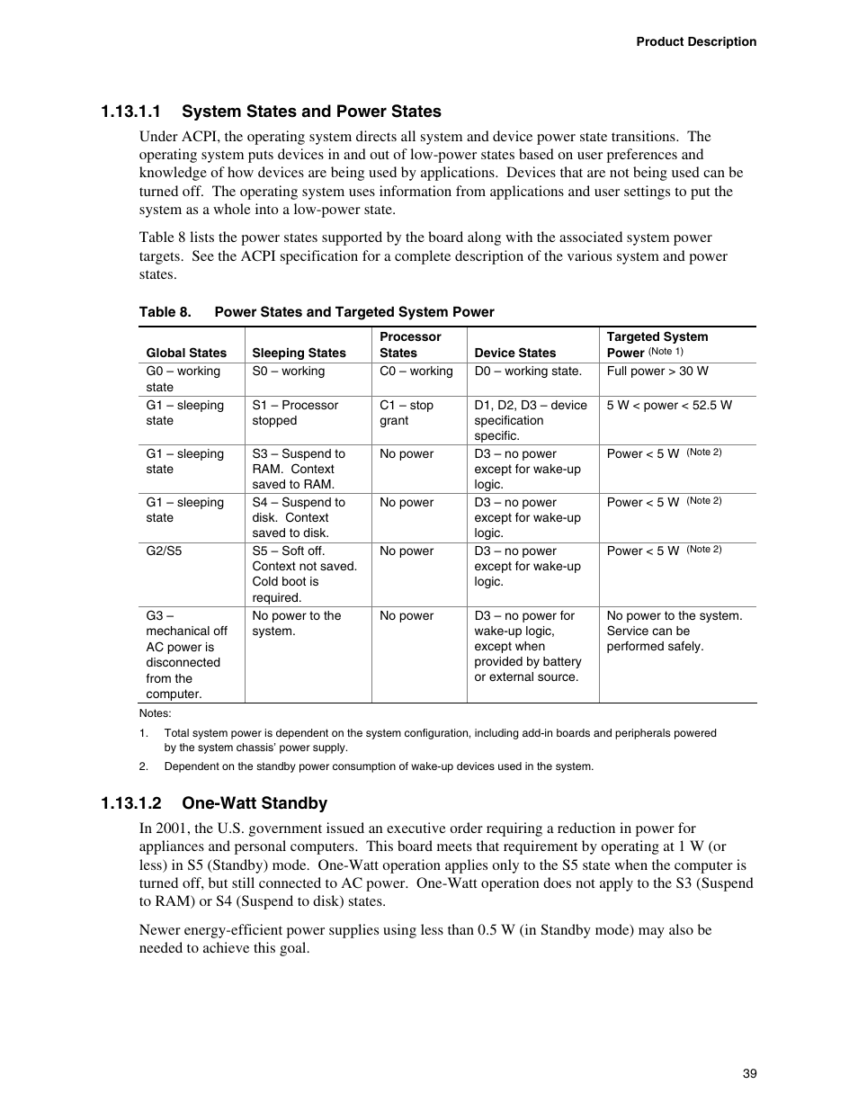 Power states and targeted system power, 1 system states and power states, 2 one-watt standby | chiliGREEN D945GBZ User Manual | Page 39 / 92