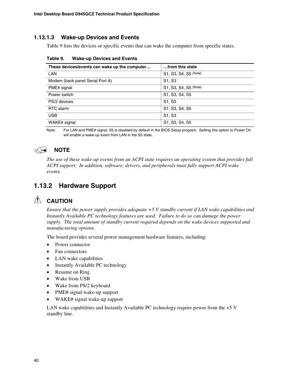 2 hardware support, Hardware support, Wake-up devices and events | chiliGREEN D945GBZ User Manual | Page 40 / 92