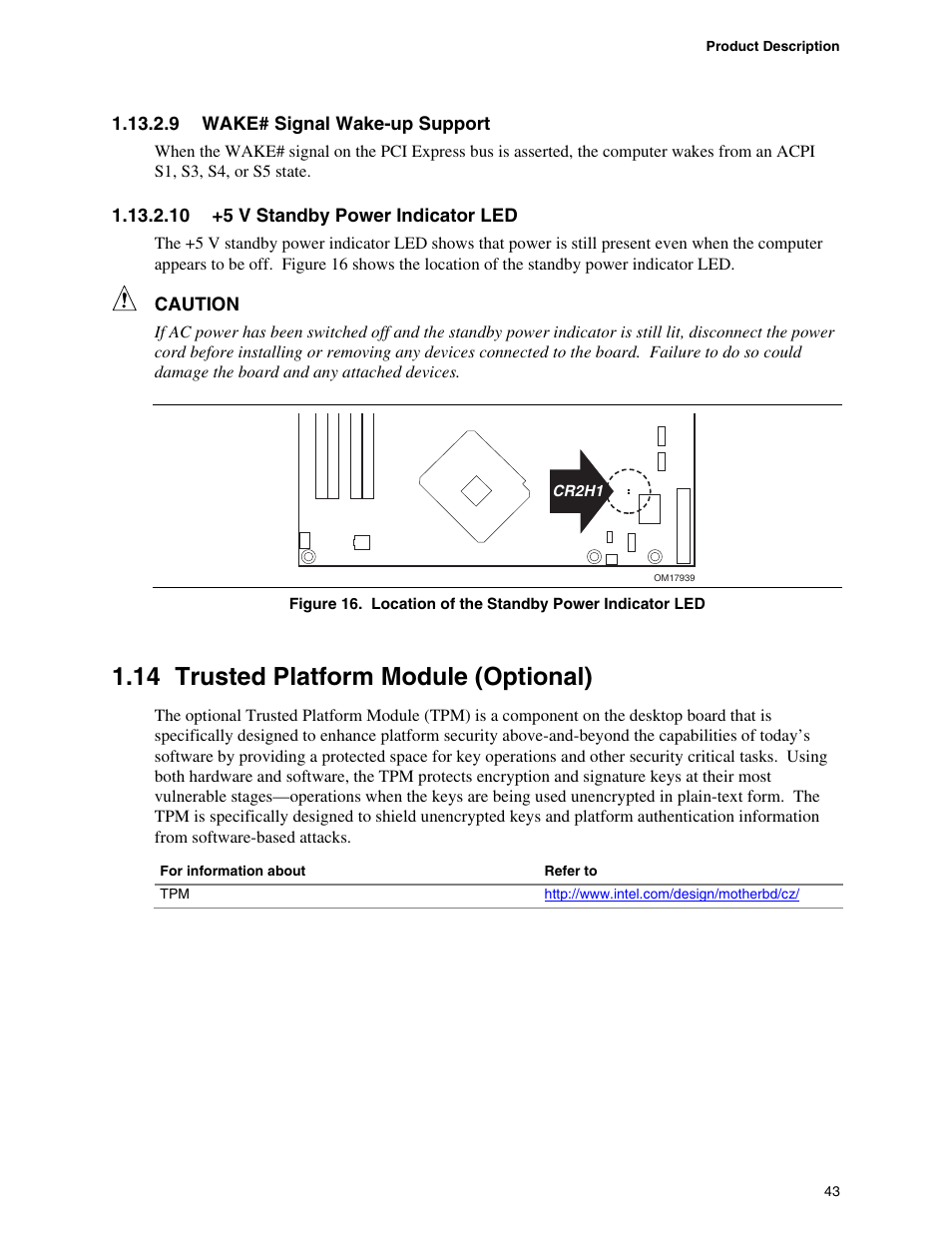 14 trusted platform module (optional), Trusted platform module (optional), Location of the standby power indicator led | chiliGREEN D945GBZ User Manual | Page 43 / 92