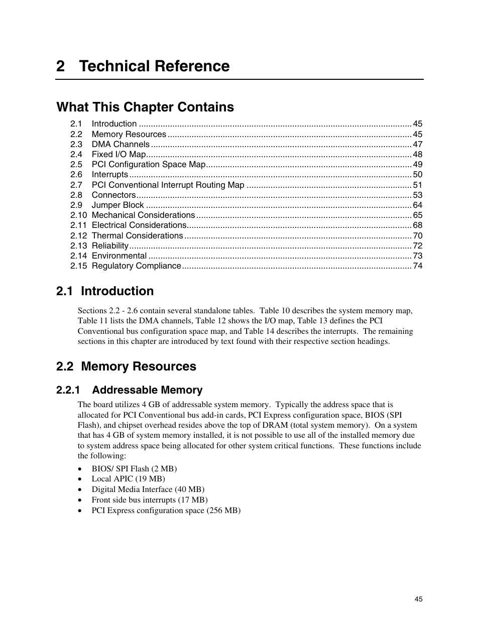 2 technical reference, 1 introduction, 2 memory resources | 1 addressable memory, Introduction, Memory resources, Addressable memory, What this chapter contains | chiliGREEN D945GBZ User Manual | Page 45 / 92