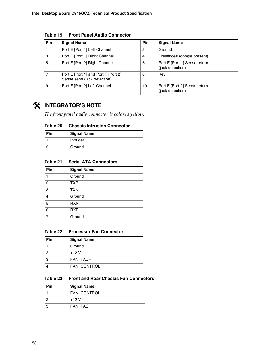 Front panel audio connector, Chassis intrusion connector, Serial ata connectors | Processor fan connector, Front and rear chassis fan connectors | chiliGREEN D945GBZ User Manual | Page 58 / 92