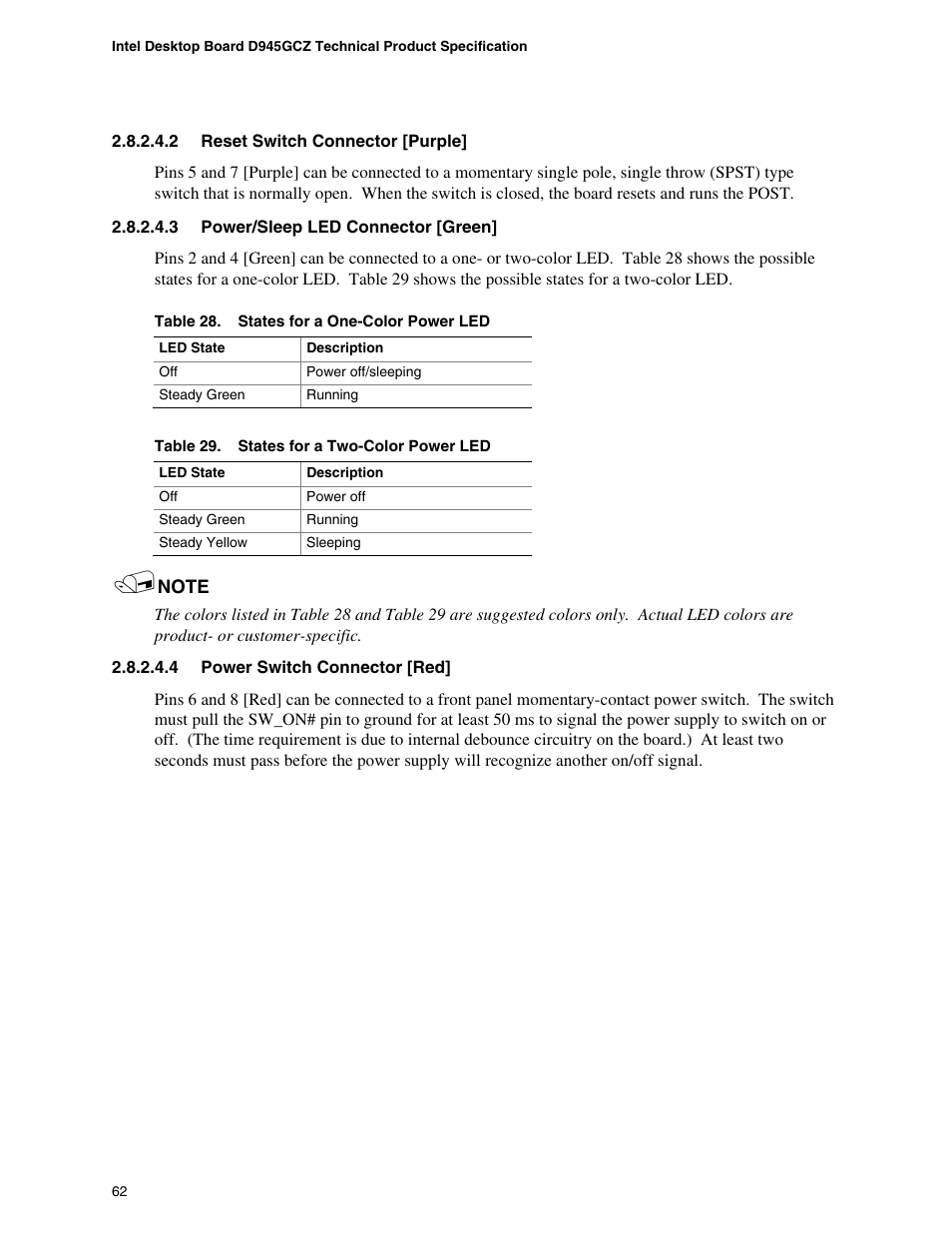 States for a one-color power led, States for a two-color power led | chiliGREEN D945GBZ User Manual | Page 62 / 92