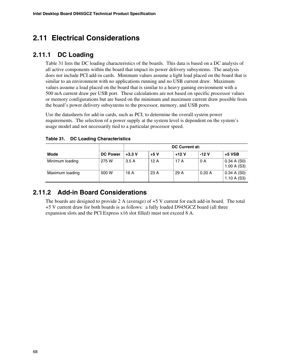 11 electrical considerations, 1 dc loading, 2 add-in board considerations | Electrical considerations, Dc loading, Add-in board considerations, Dc loading characteristics | chiliGREEN D945GBZ User Manual | Page 68 / 92