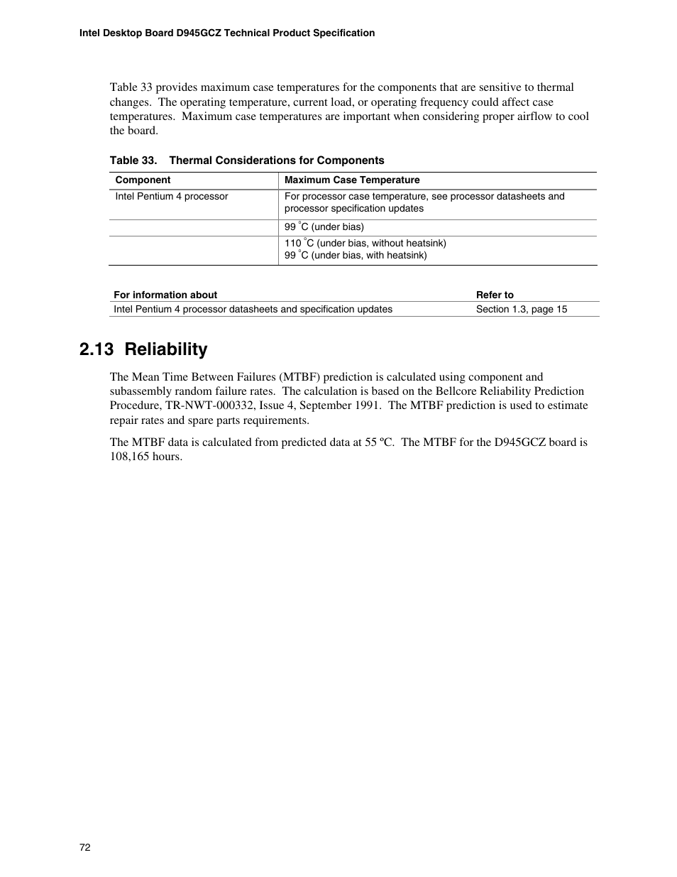 13 reliability, Reliability, Thermal considerations for components | chiliGREEN D945GBZ User Manual | Page 72 / 92