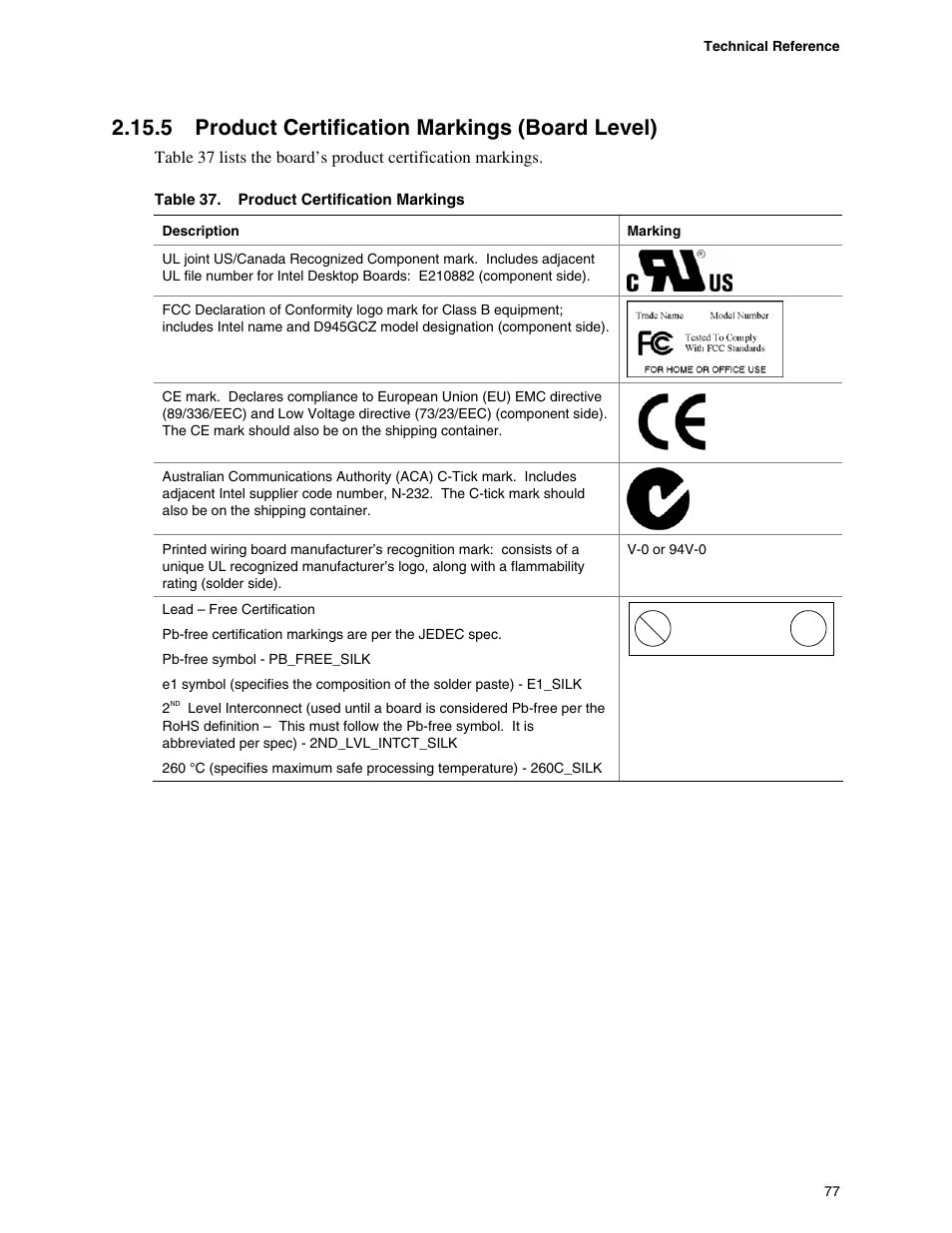 5 product certification markings (board level), Product certification markings (board level), Product certification markings | chiliGREEN D945GBZ User Manual | Page 77 / 92
