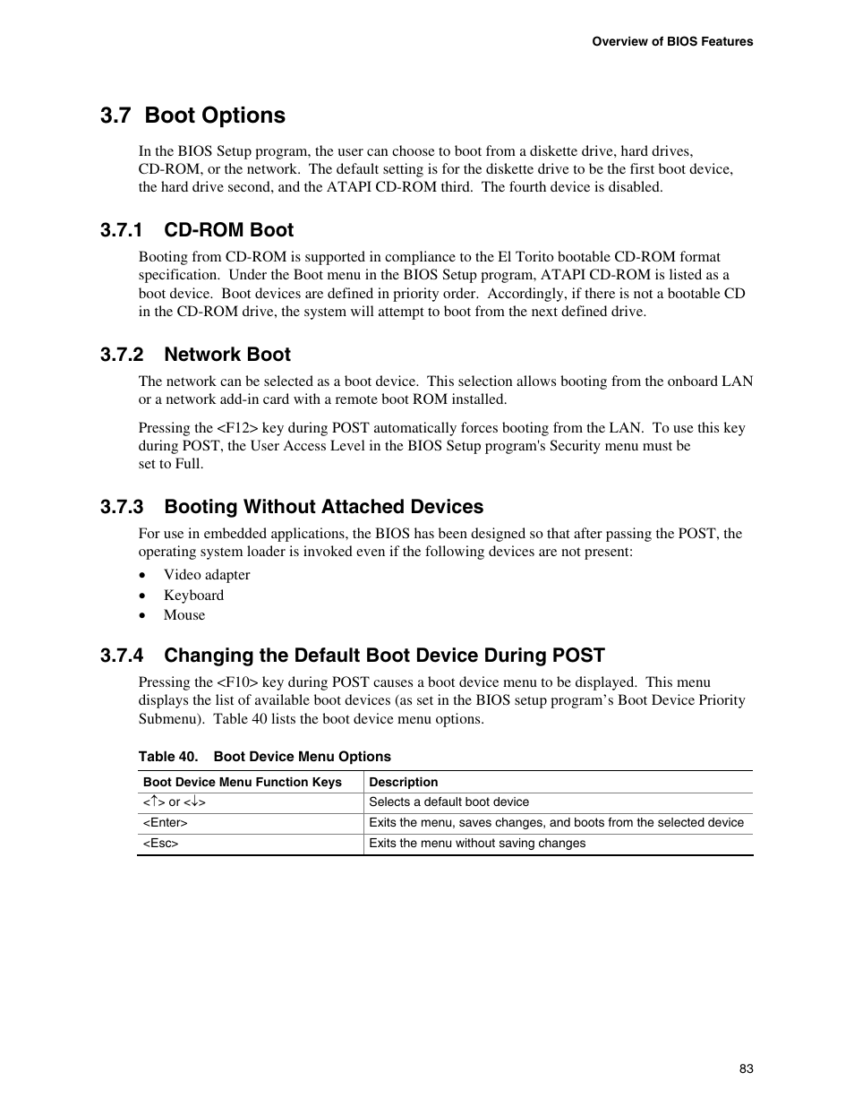 7 boot options, 1 cd-rom boot, 2 network boot | 3 booting without attached devices, 4 changing the default boot device during post, Boot options, Cd-rom boot, Network boot, Booting without attached devices, Changing the default boot device during post | chiliGREEN D945GBZ User Manual | Page 83 / 92