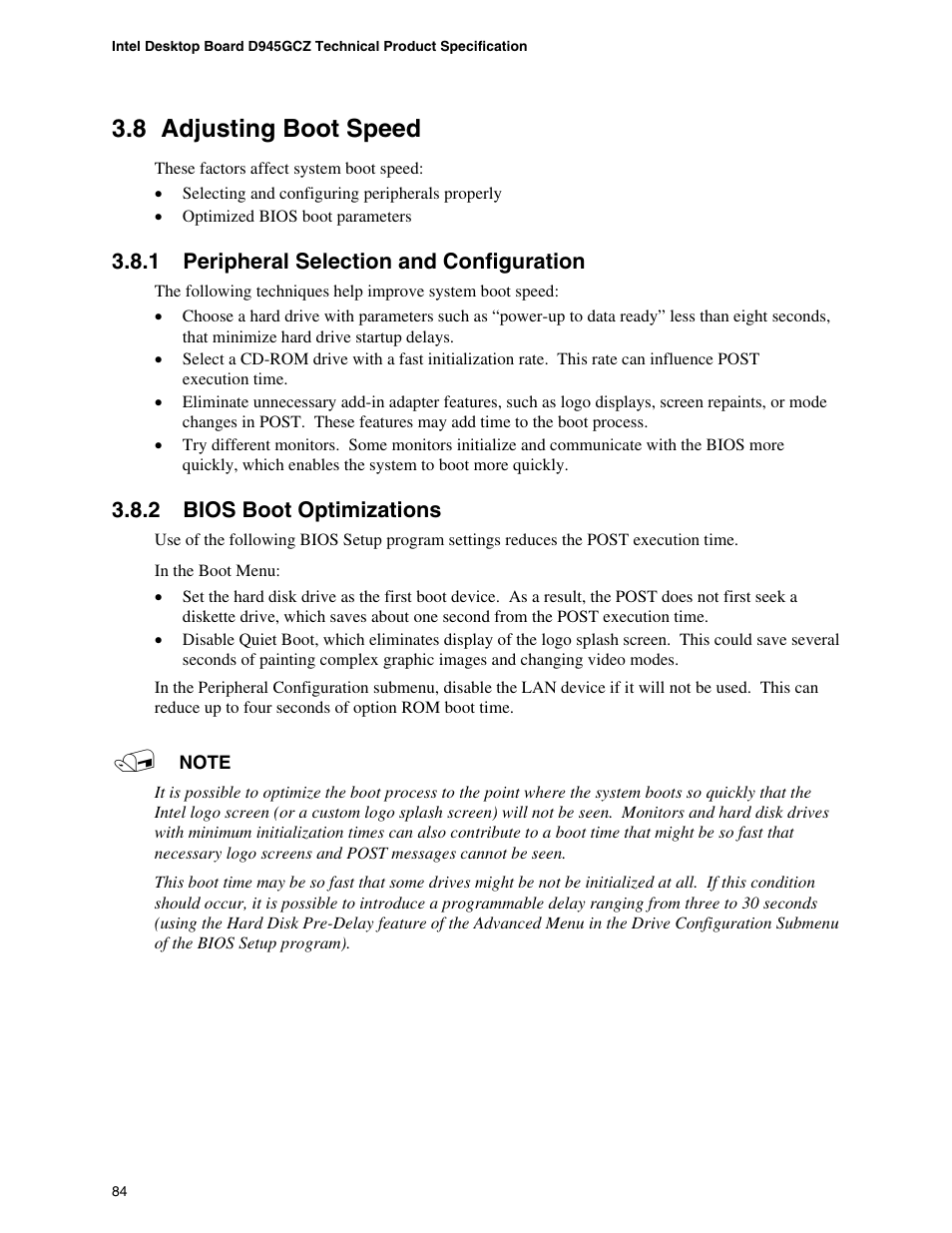 8 adjusting boot speed, 1 peripheral selection and configuration, 2 bios boot optimizations | Adjusting boot speed, Peripheral selection and configuration, Bios boot optimizations | chiliGREEN D945GBZ User Manual | Page 84 / 92