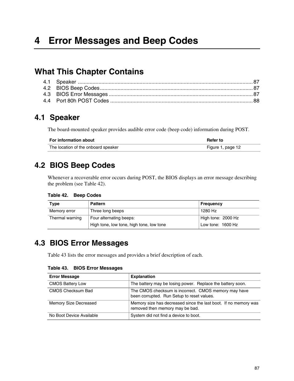 4 error messages and beep codes, 1 speaker, 2 bios beep codes | 3 bios error messages, Speaker, Bios beep codes, Bios error messages, Beep codes, What this chapter contains | chiliGREEN D945GBZ User Manual | Page 87 / 92