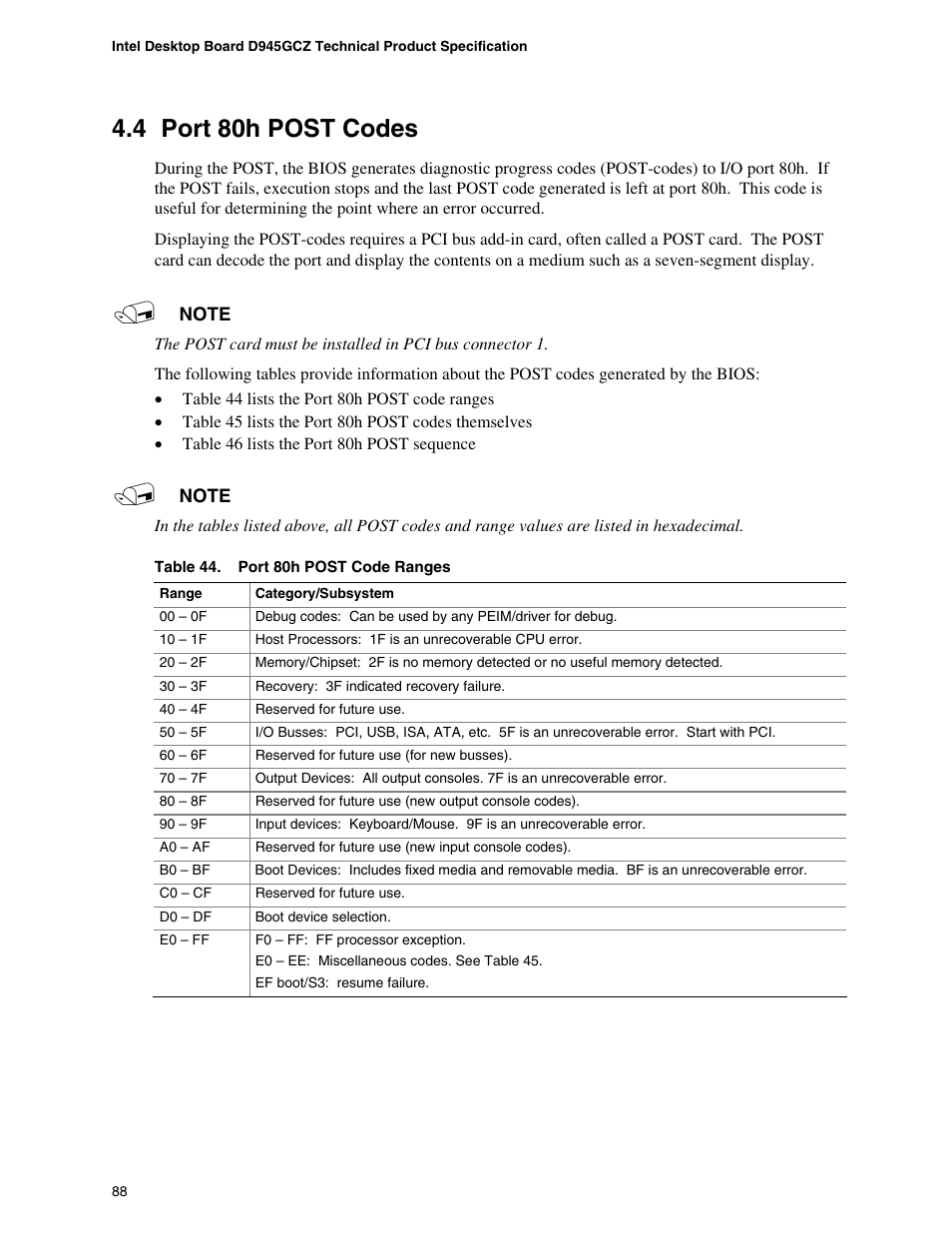 4 port 80h post codes, Port 80h post codes, Port 80h post code ranges | chiliGREEN D945GBZ User Manual | Page 88 / 92
