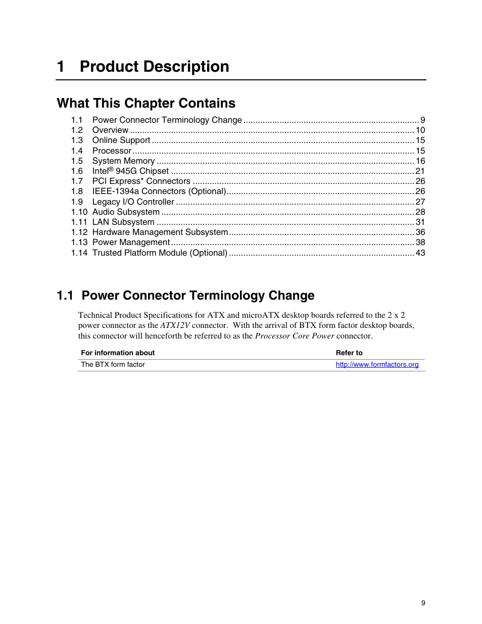 1 product description, 1 power connector terminology change, Power connector terminology change | What this chapter contains | chiliGREEN D945GBZ User Manual | Page 9 / 92