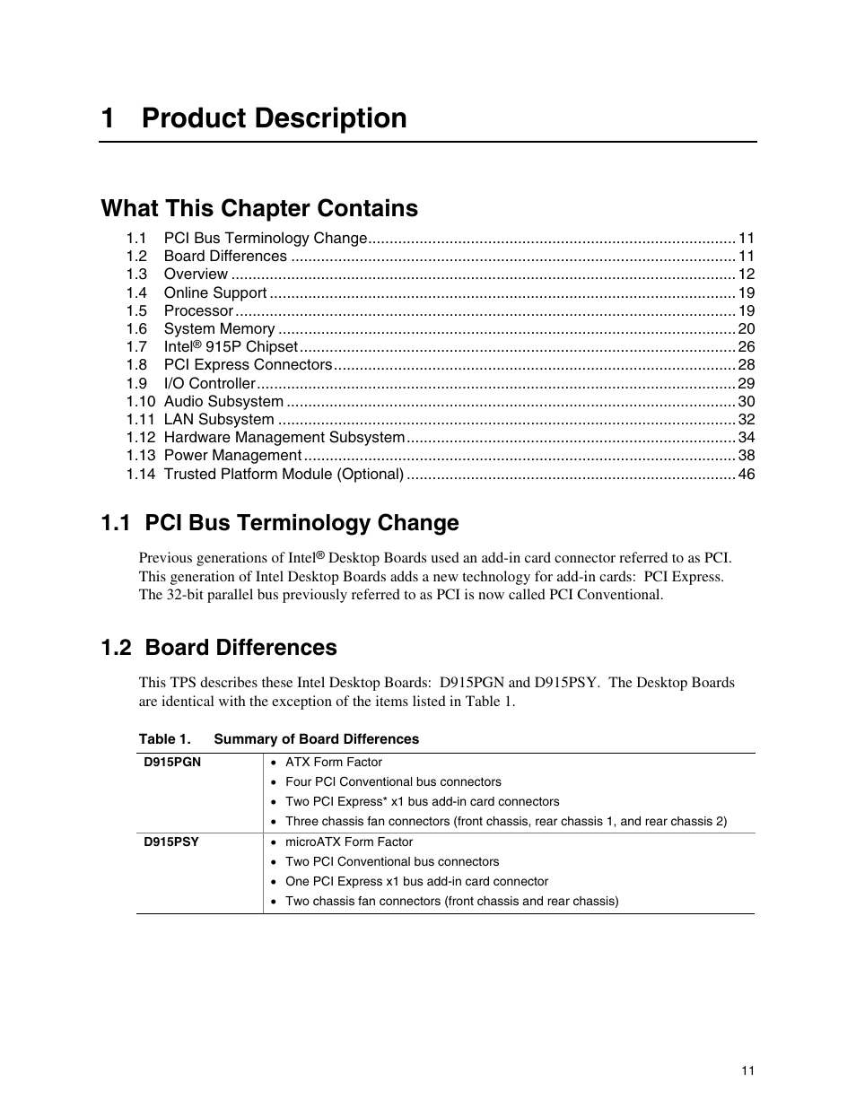 1 product description, Pci bus terminology change, Board differences | What this chapter contains, 1 pci bus terminology change, 2 board differences | chiliGREEN D915PGNL User Manual | Page 11 / 107
