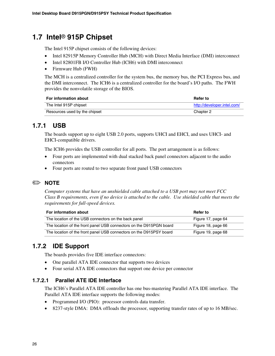 Intel® 915p chipset, 7 intel, 915p chipset | 1 usb, 2 ide support | chiliGREEN D915PGNL User Manual | Page 26 / 107