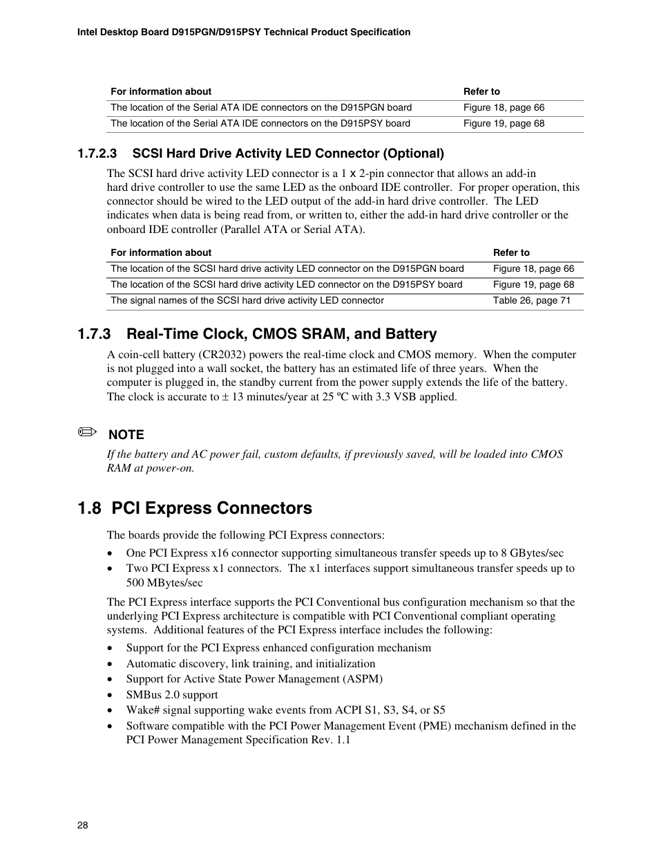 Pci express connectors, 8 pci express connectors, 3 real-time clock, cmos sram, and battery | chiliGREEN D915PGNL User Manual | Page 28 / 107