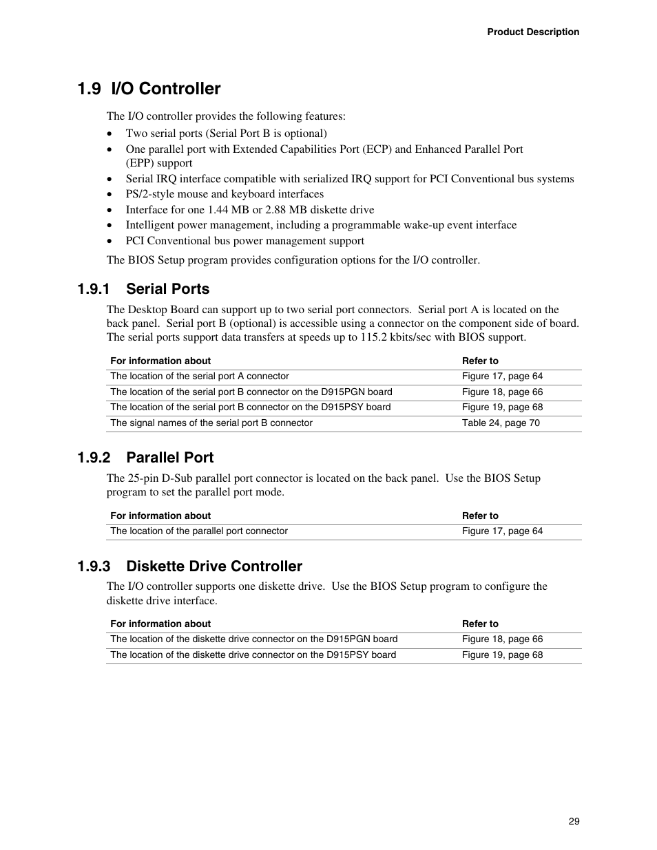 I/o controller, 9 i/o controller, 1 serial ports | 2 parallel port, 3 diskette drive controller | chiliGREEN D915PGNL User Manual | Page 29 / 107