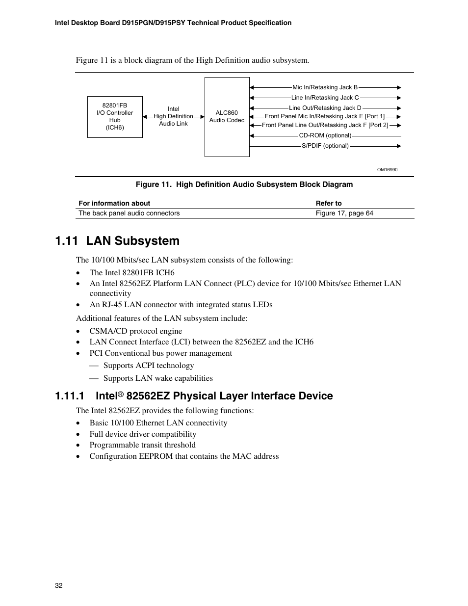 Lan subsystem, 11 lan subsystem, 1 intel | chiliGREEN D915PGNL User Manual | Page 32 / 107