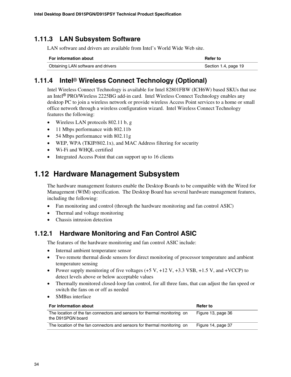 Hardware management subsystem, 12 hardware management subsystem, 3 lan subsystem software | 4 intel, Wireless connect technology (optional), 1 hardware monitoring and fan control asic | chiliGREEN D915PGNL User Manual | Page 34 / 107
