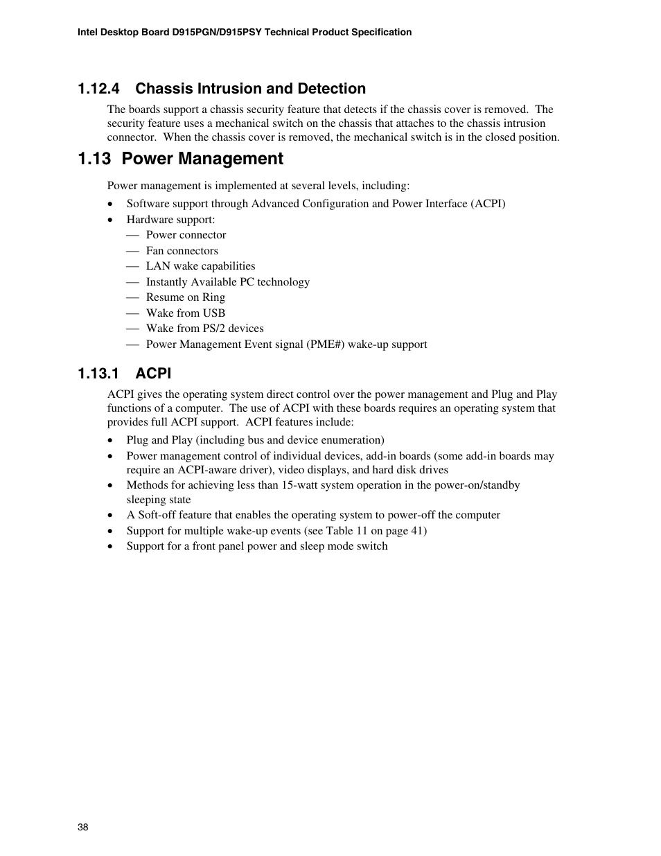 Power management, 13 power management, 4 chassis intrusion and detection | 1 acpi | chiliGREEN D915PGNL User Manual | Page 38 / 107