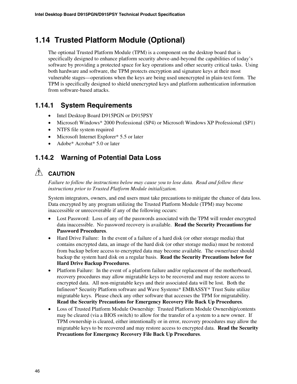 Trusted platform module (optional), 14 trusted platform module (optional) | chiliGREEN D915PGNL User Manual | Page 46 / 107