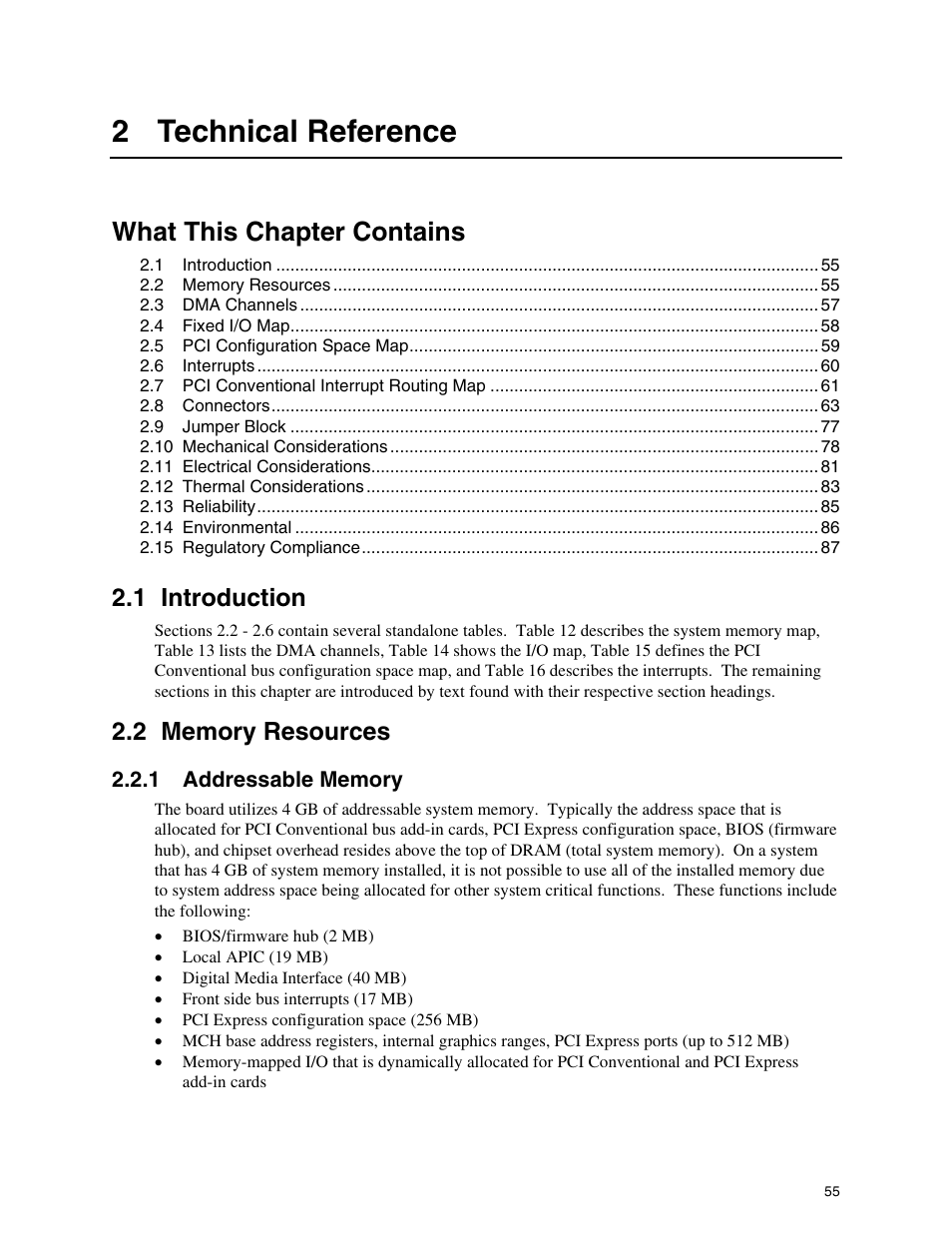2 technical reference, Introduction, Memory resources | What this chapter contains, 1 introduction | chiliGREEN D915PGNL User Manual | Page 55 / 107