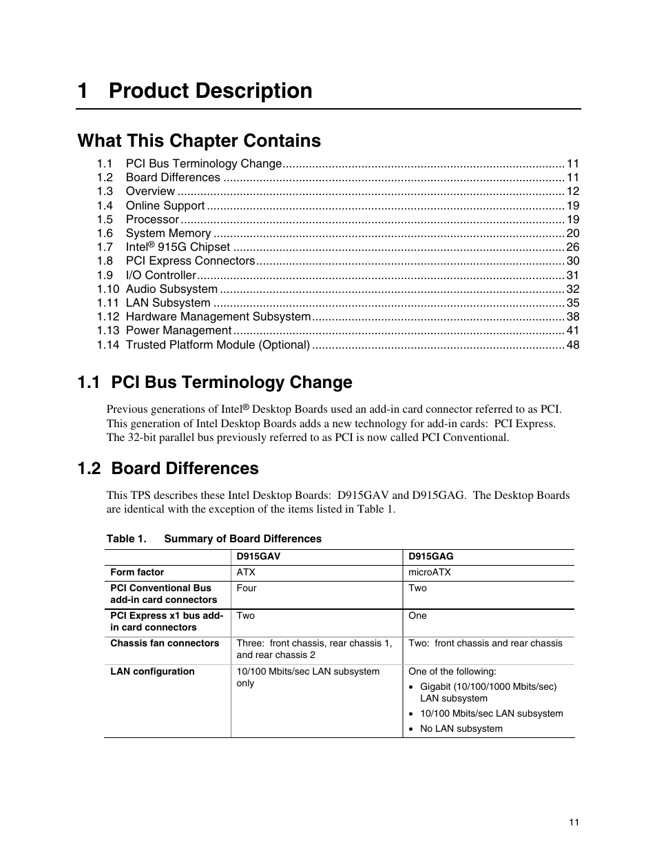 1 product description, 1 pci bus terminology change, 2 board differences | 1product description, What this chapter contains | chiliGREEN D915GAGL User Manual | Page 11 / 106