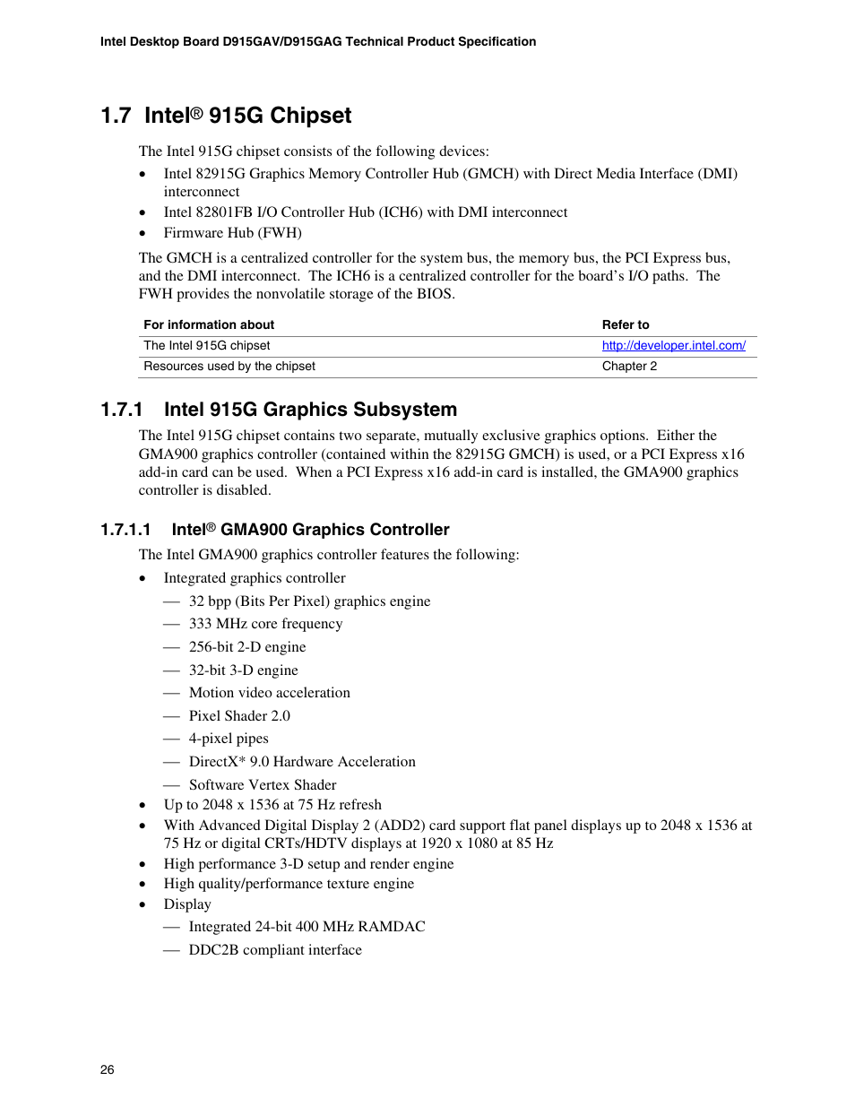 7 intel® 915g chipset, 1 intel 915g graphics subsystem, 7 intel | 915g chipset | chiliGREEN D915GAGL User Manual | Page 26 / 106