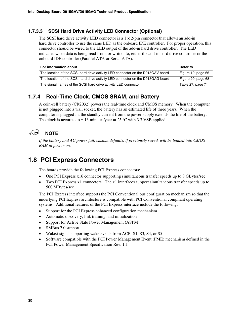 4 real-time clock, cmos sram, and battery, 8 pci express connectors | chiliGREEN D915GAGL User Manual | Page 30 / 106