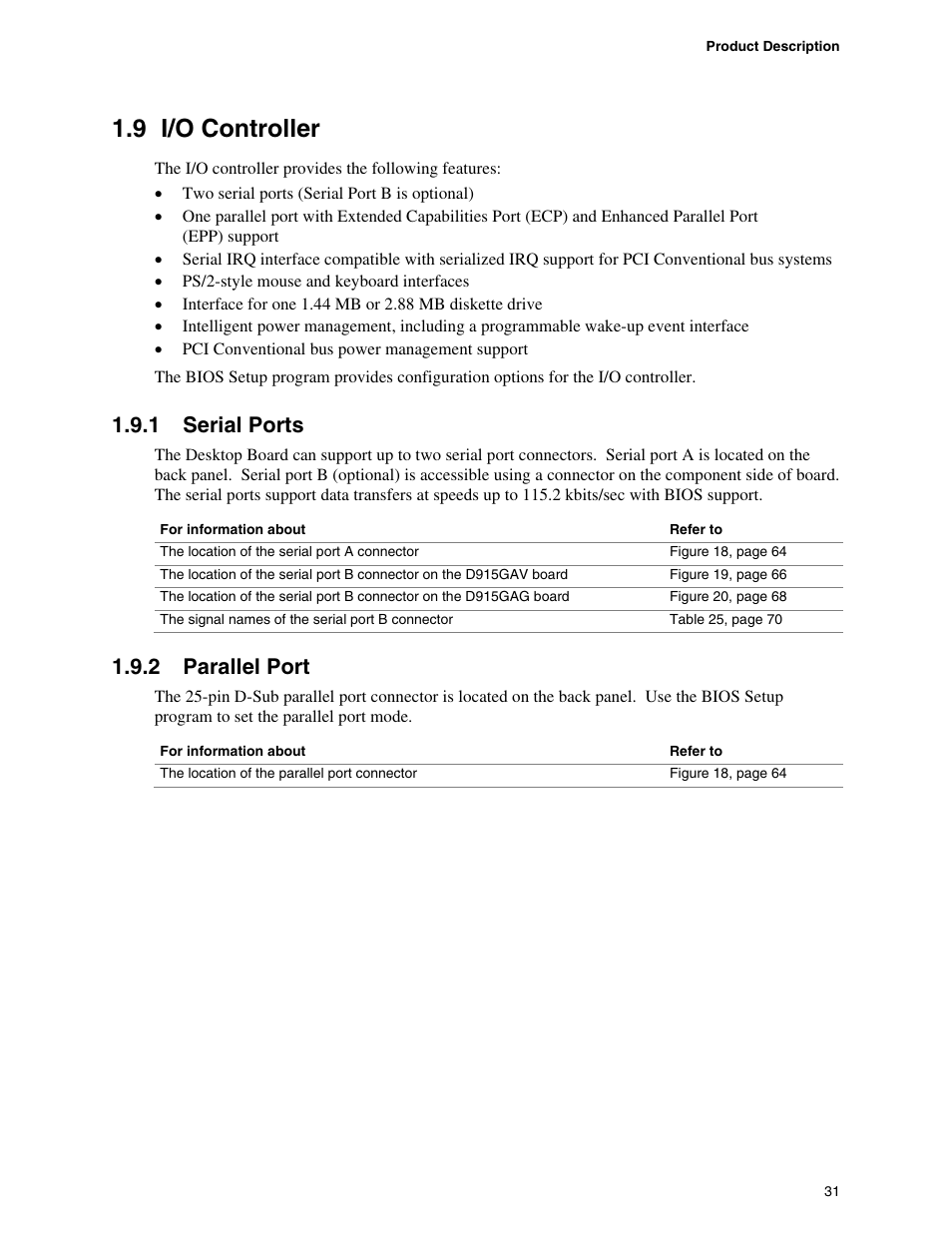 9 i/o controller, 1 serial ports, 2 parallel port | chiliGREEN D915GAGL User Manual | Page 31 / 106