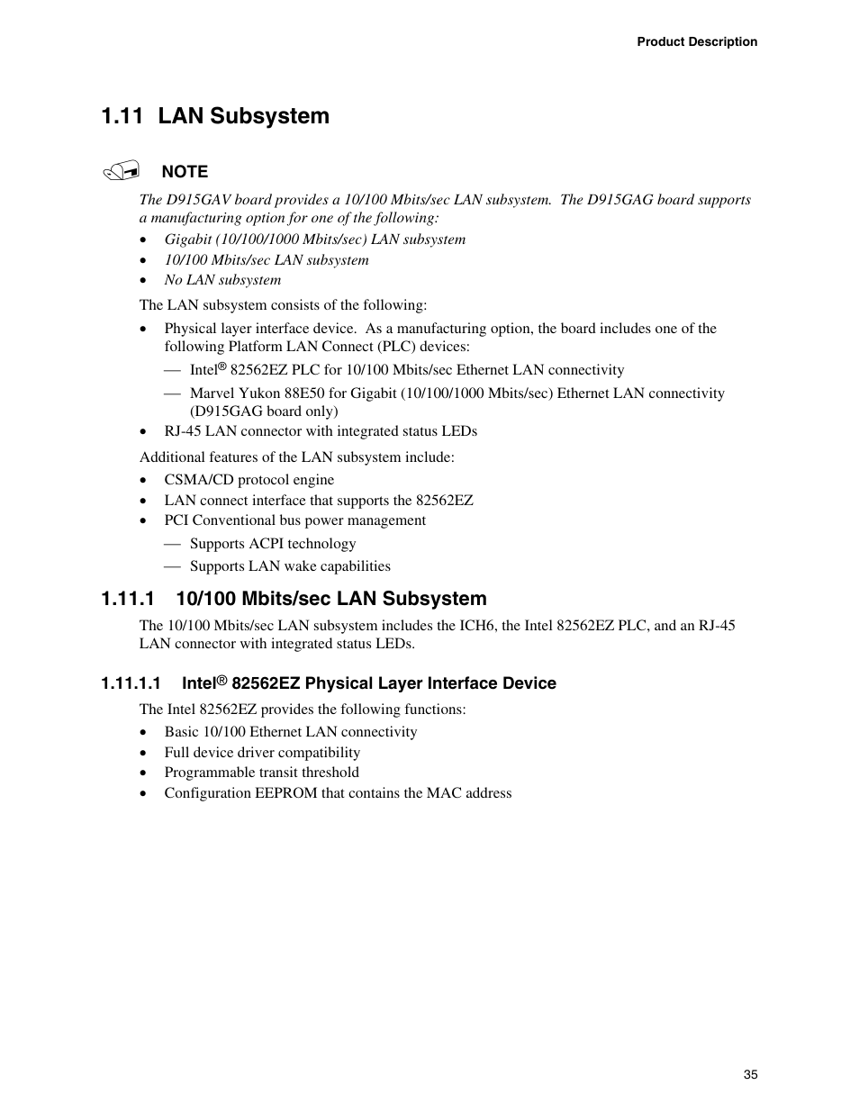 11 lan subsystem, 1 10/100 mbits/sec lan subsystem | chiliGREEN D915GAGL User Manual | Page 35 / 106
