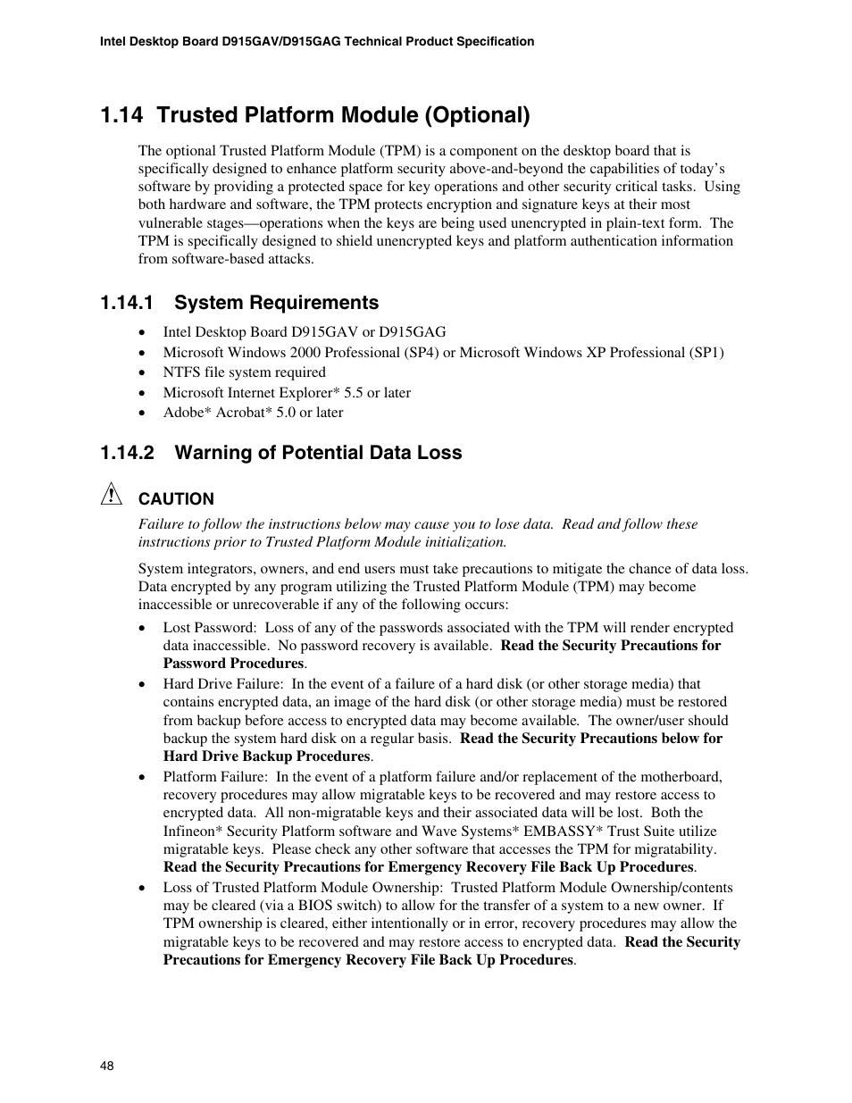 14 trusted platform module (optional), 1 system requirements, 2 warning of potential data loss | chiliGREEN D915GAGL User Manual | Page 48 / 106