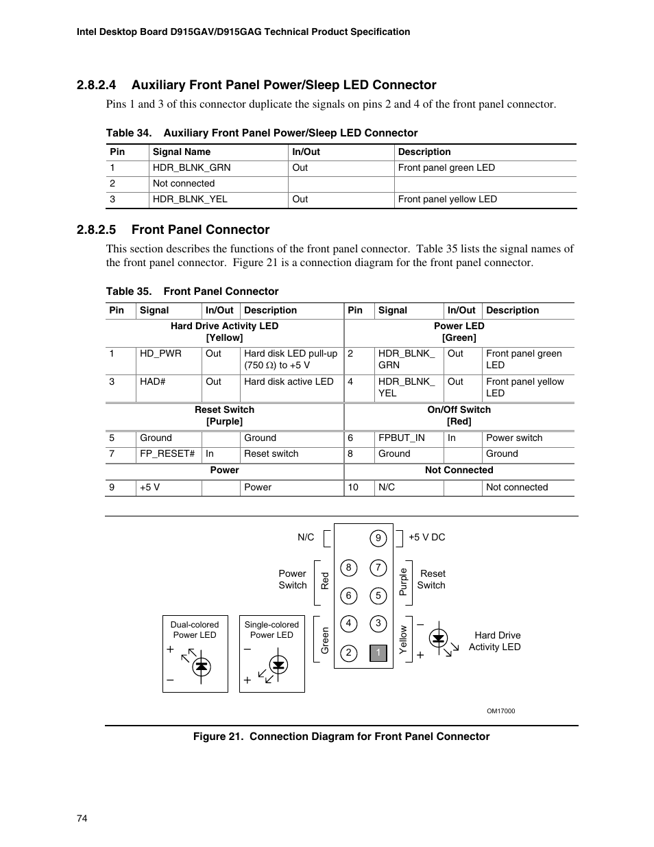 4 auxiliary front panel power/sleep led connector, 5 front panel connector | chiliGREEN D915GAGL User Manual | Page 74 / 106