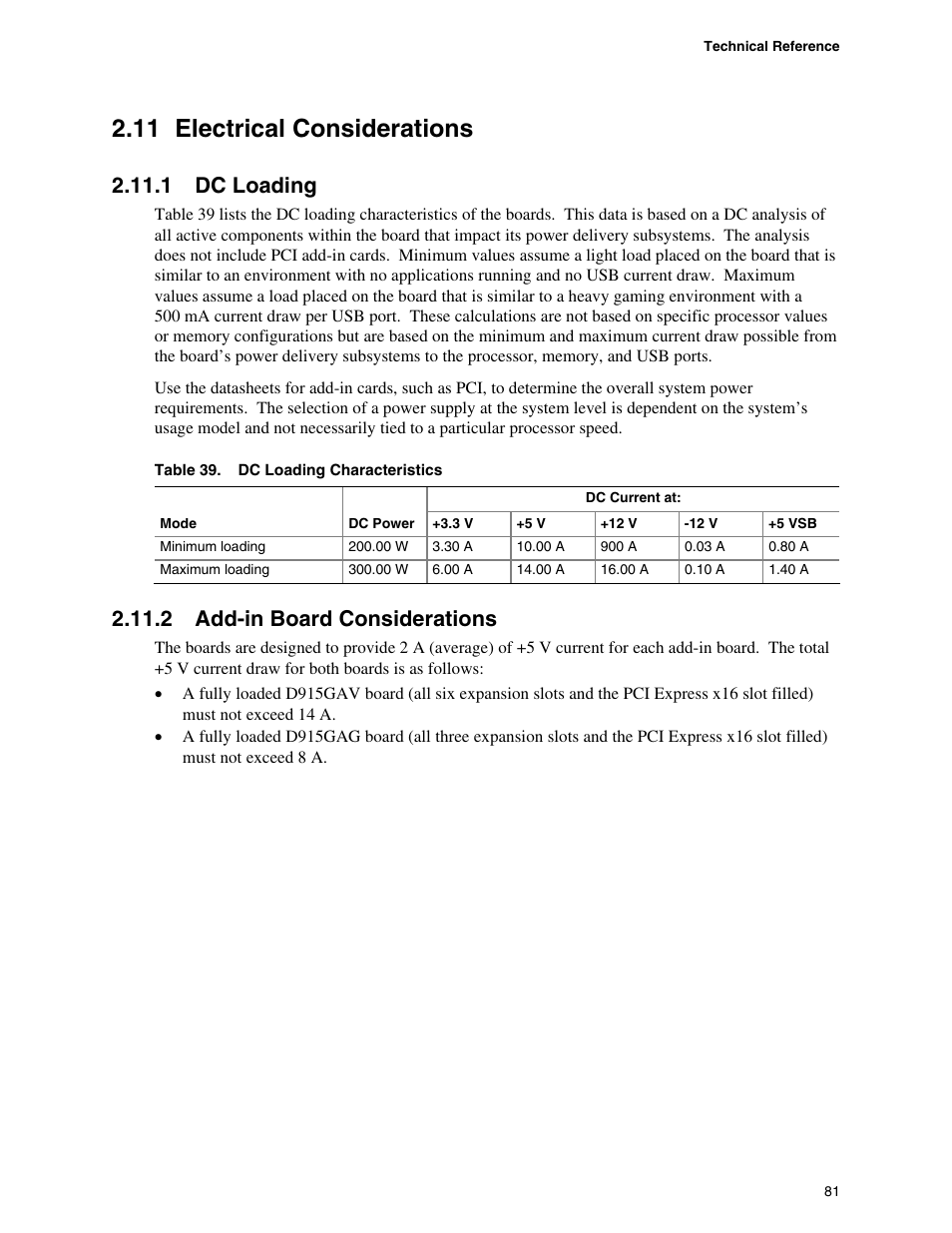 11 electrical considerations, 1 dc loading, 2 add-in board considerations | chiliGREEN D915GAGL User Manual | Page 81 / 106