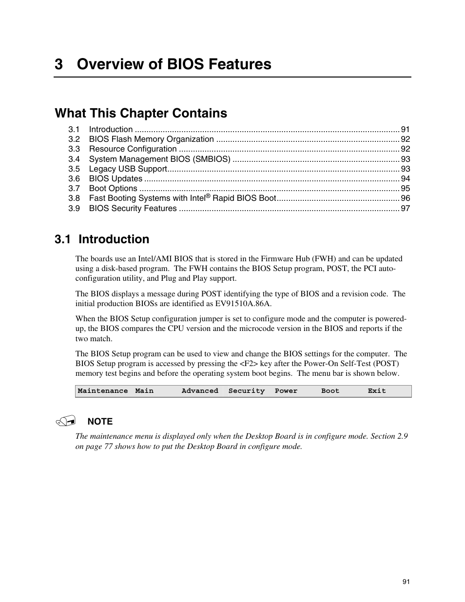 3 overview of bios features, 1 introduction, 3overview of bios features | What this chapter contains | chiliGREEN D915GAGL User Manual | Page 91 / 106