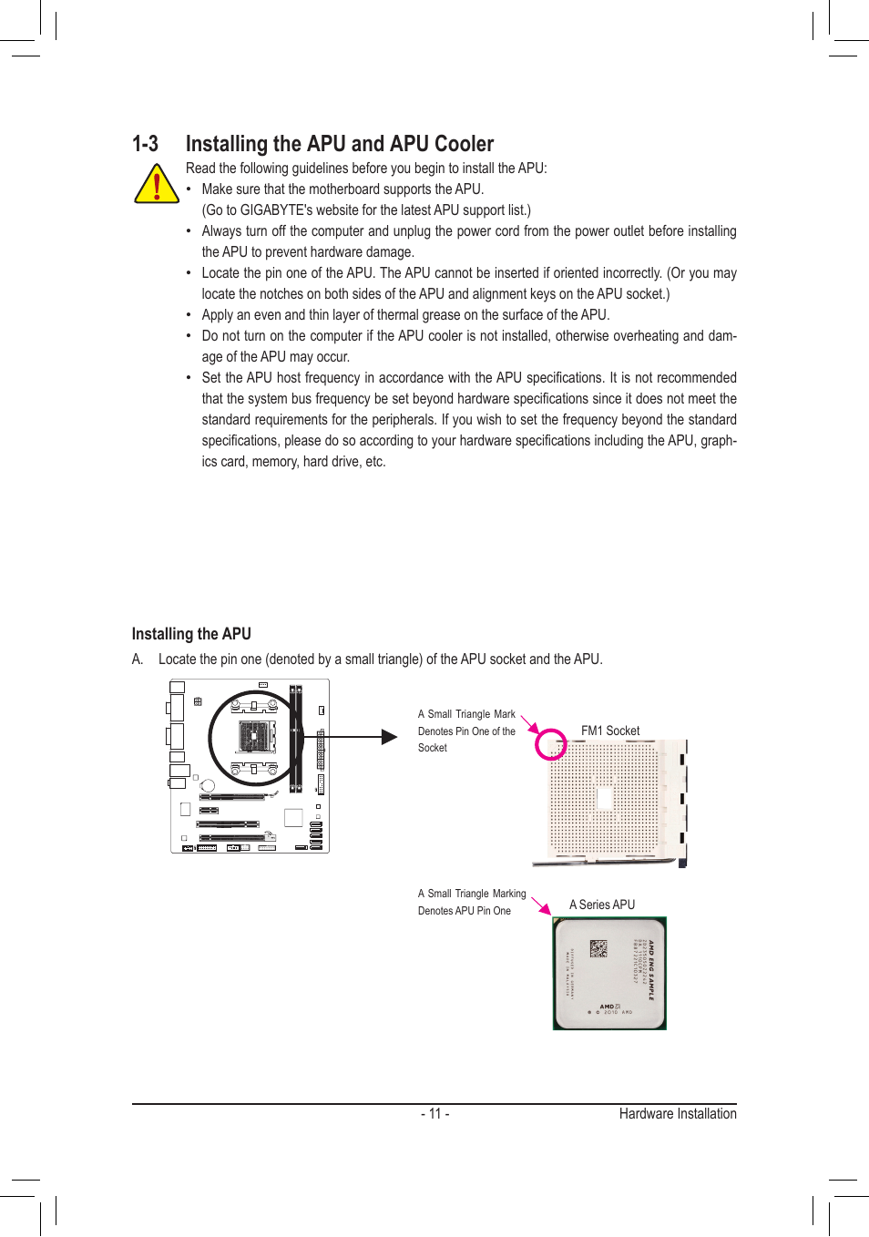 3 installing the apu and apu cooler | chiliGREEN GA-A75M-S2V User Manual | Page 11 / 44