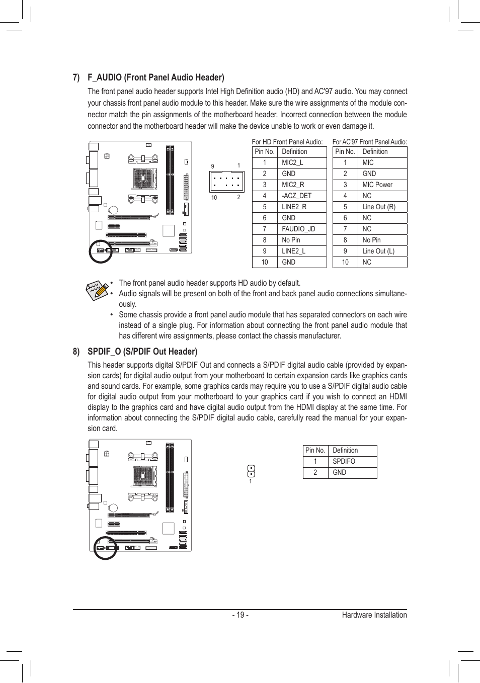 7) f_audio (front panel audio header), 8) spdif_o (s/pdif out header) | chiliGREEN GA-A75M-S2V User Manual | Page 19 / 44