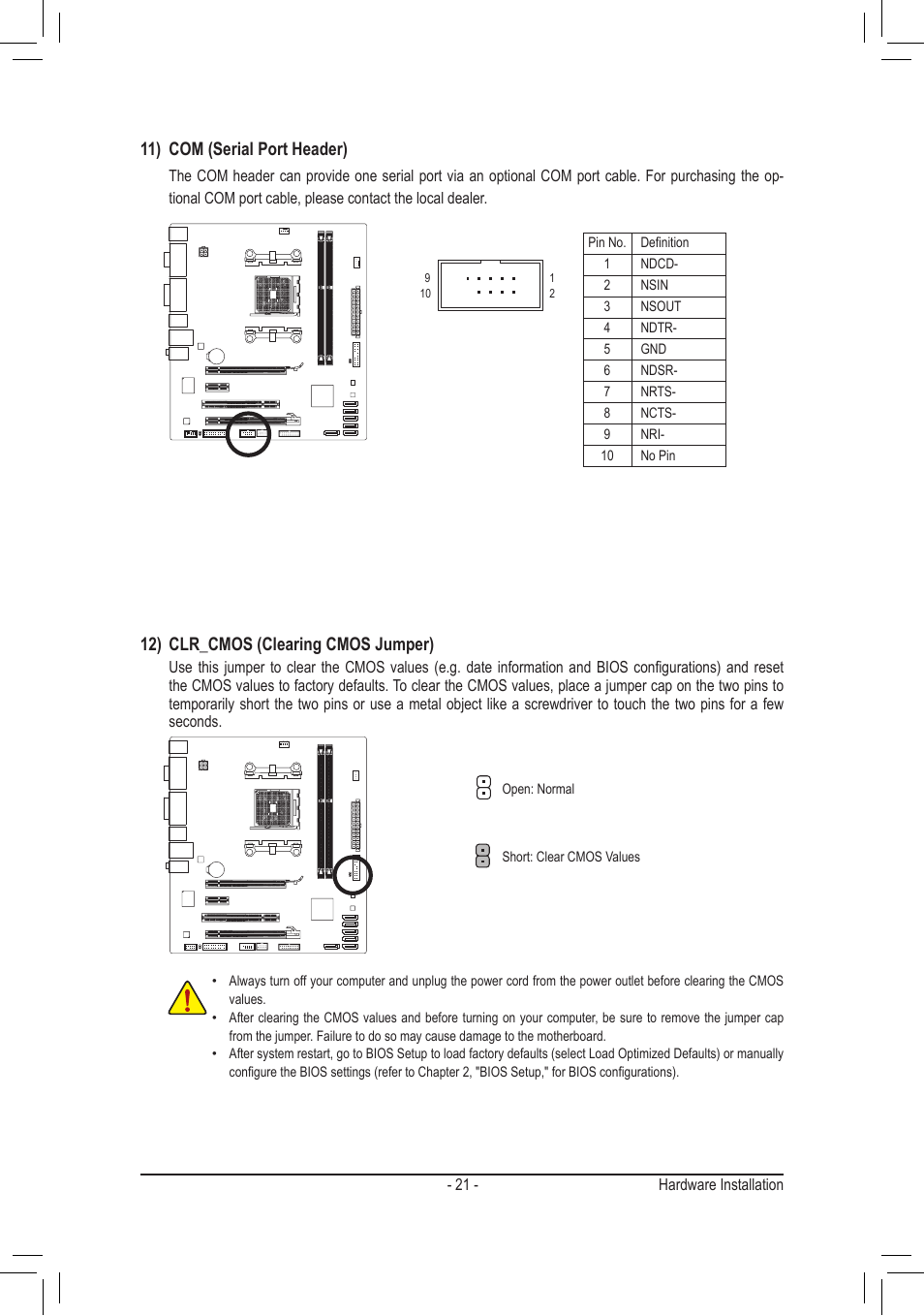 11) com (serial port header), 12) clr_cmos (clearing cmos jumper) | chiliGREEN GA-A75M-S2V User Manual | Page 21 / 44