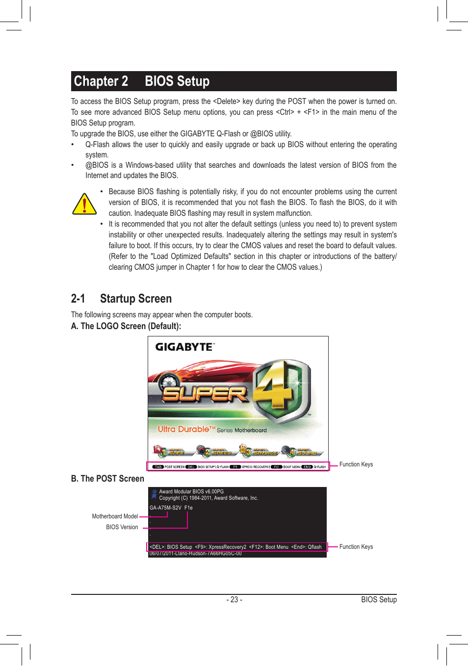 Chapter 2 bios setup, 1 startup screen | chiliGREEN GA-A75M-S2V User Manual | Page 23 / 44