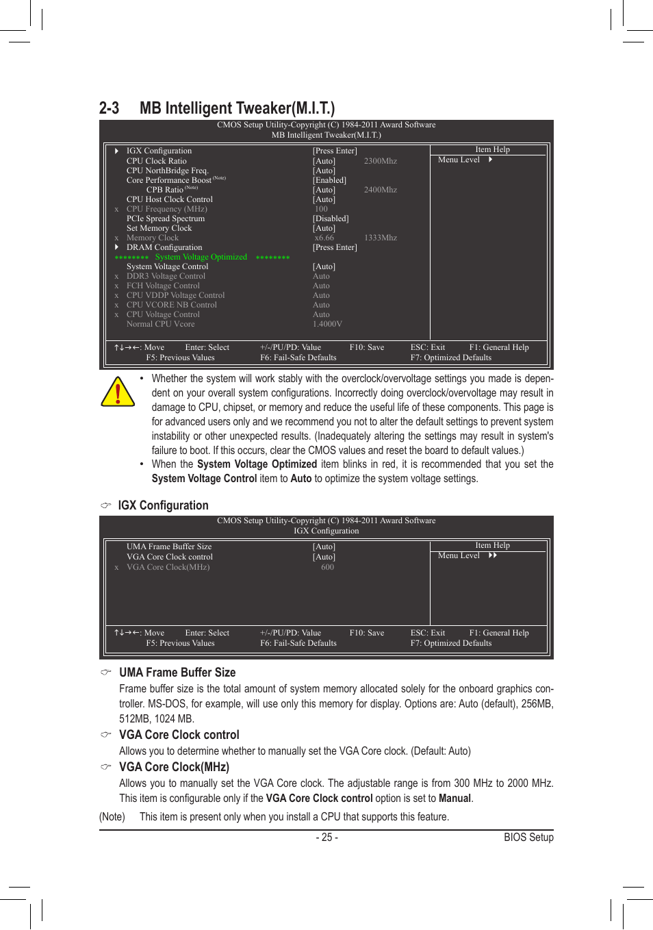 3 mb intelligent tweaker(m.i.t.), Igx configuration, Uma frame buffer size | Vga core clock control, Vga core clock(mhz) | chiliGREEN GA-A75M-S2V User Manual | Page 25 / 44