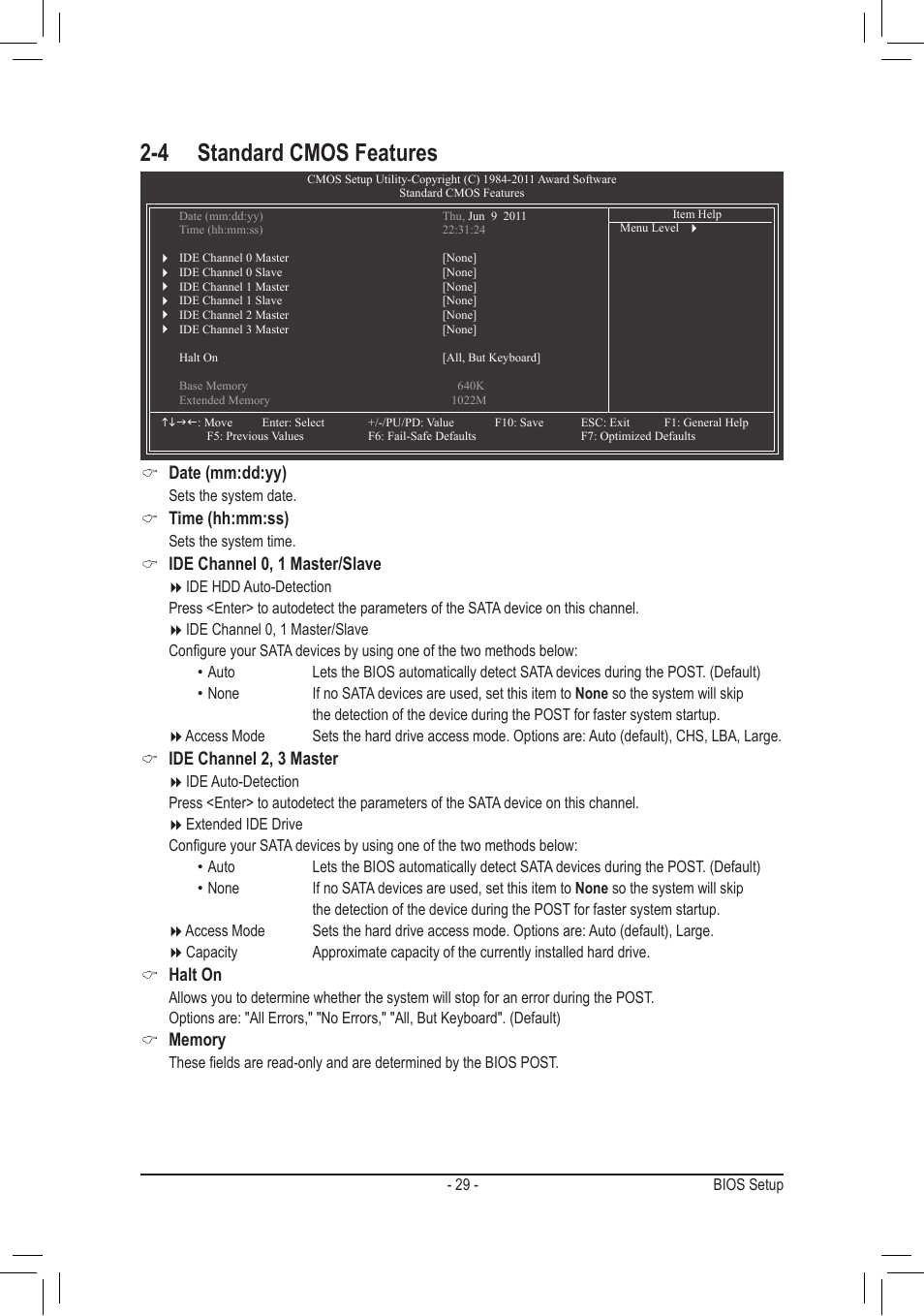 4 standard cmos features, Date (mm:dd:yy), Time (hh:mm:ss) | Ide channel 0, 1 master/slave, Ide channel 2, 3 master, Halt on | chiliGREEN GA-A75M-S2V User Manual | Page 29 / 44