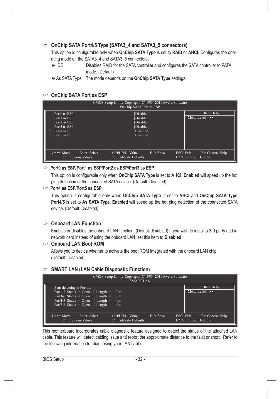 Onchip sata port as esp, Onboard lan function, Onboard lan boot rom | Smart lan (lan cable diagnostic function) | chiliGREEN GA-A75M-S2V User Manual | Page 32 / 44