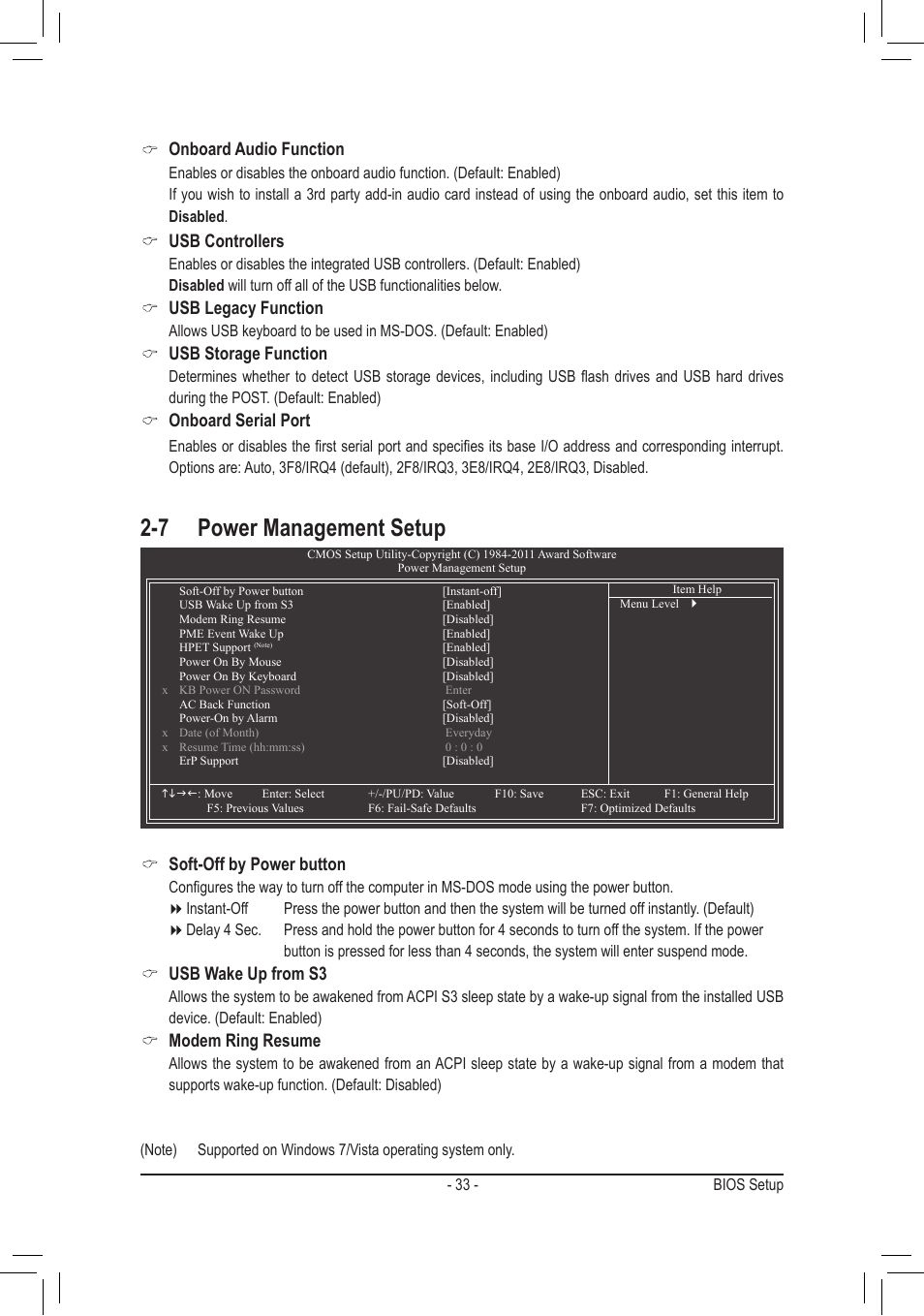 7 power management setup, Onboard audio function, Usb controllers | Usb legacy function, Usb storage function, Onboard serial port, Soft-off by power button, Usb wake up from s3, Modem ring resume | chiliGREEN GA-A75M-S2V User Manual | Page 33 / 44