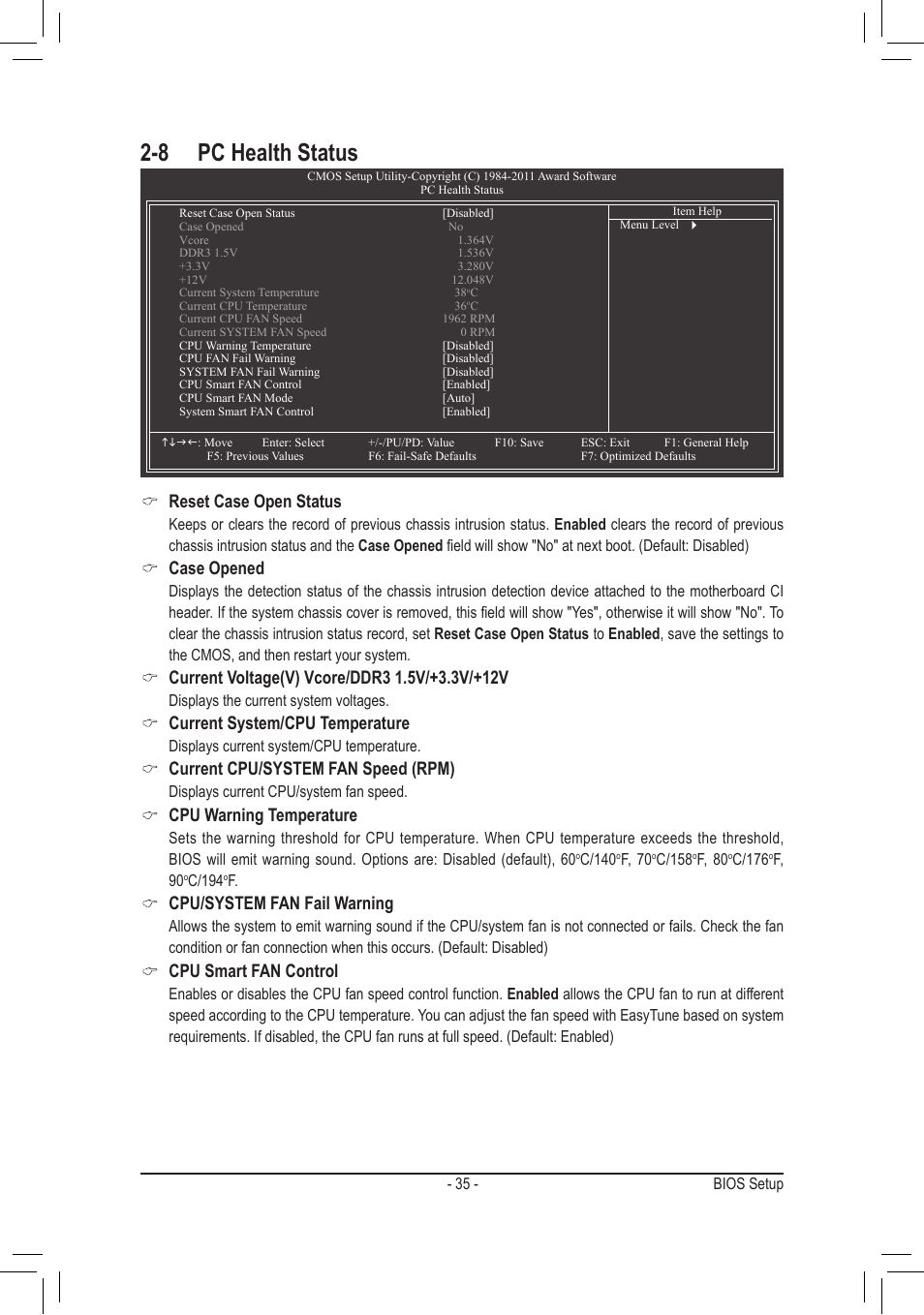 8 pc health status, Reset case open status, Case opened | Current system/cpu temperature, Current cpu/system fan speed (rpm), Cpu warning temperature, Cpu/system fan fail warning, Cpu smart fan control | chiliGREEN GA-A75M-S2V User Manual | Page 35 / 44