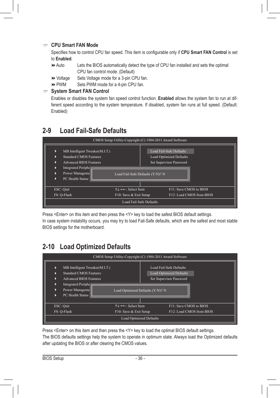 9 load fail-safe defaults, 10 load optimized defaults, Cpu smart fan mode | System smart fan control | chiliGREEN GA-A75M-S2V User Manual | Page 36 / 44