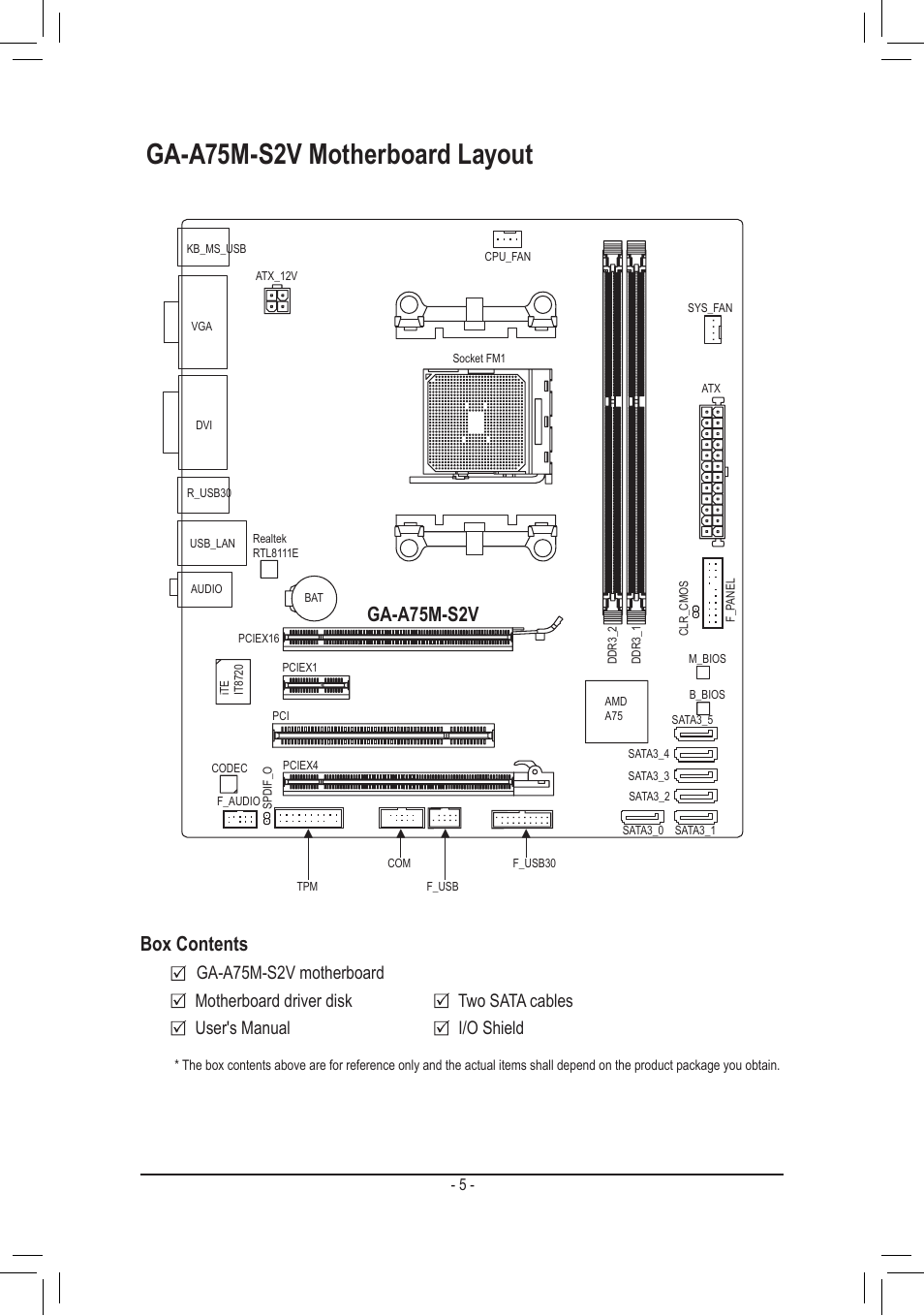 Ga-a75m-s2v motherboard layout, Box contents, Ga-a75m-s2v | chiliGREEN GA-A75M-S2V User Manual | Page 5 / 44