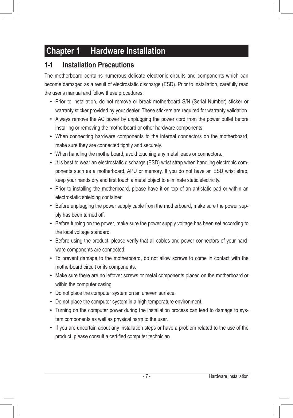 Chapter 1 hardware installation, 1 installation precautions | chiliGREEN GA-A75M-S2V User Manual | Page 7 / 44