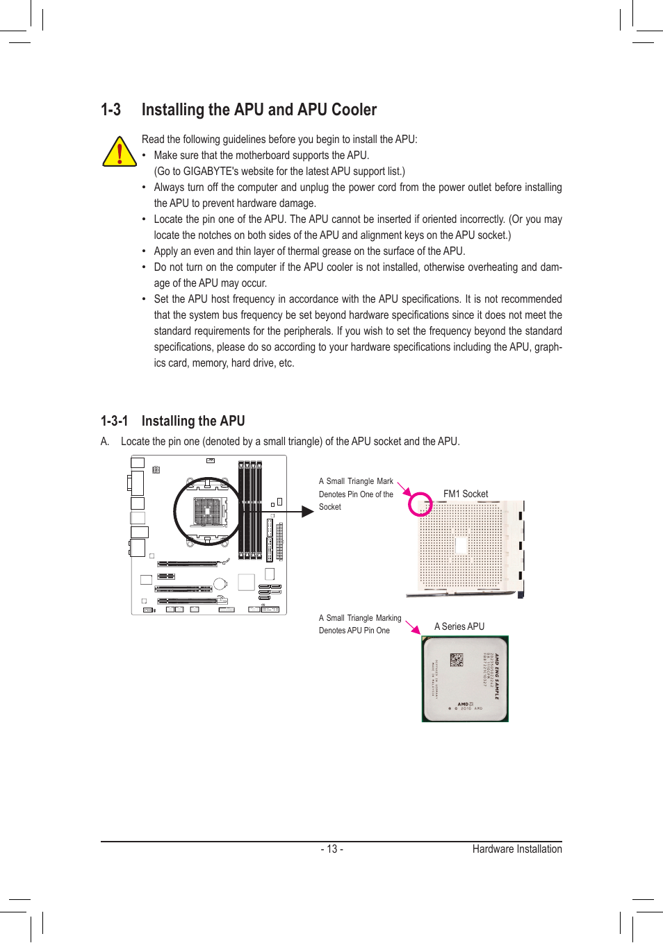 3 installing the apu and apu cooler, 3-1 installing the apu | chiliGREEN GA-A75M-UD2H User Manual | Page 13 / 96