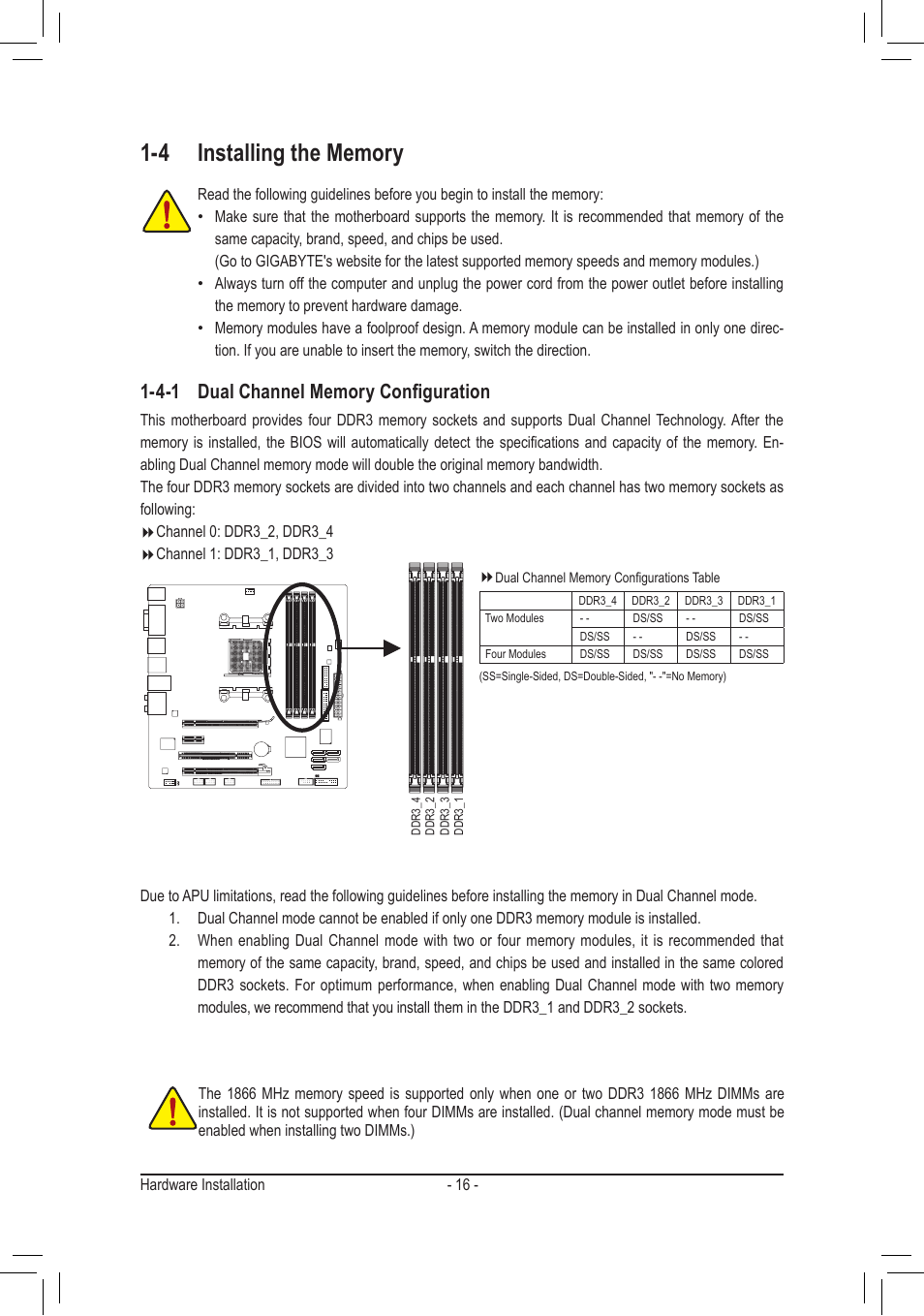 4 installing the memory, 4-1 dual channel memory configuration | chiliGREEN GA-A75M-UD2H User Manual | Page 16 / 96