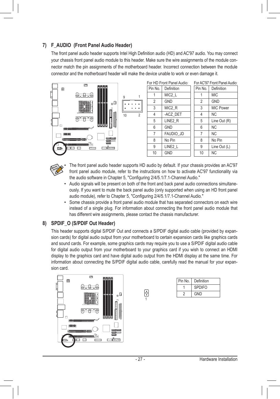 7) f_audio (front panel audio header), 8) spdif_o (s/pdif out header) | chiliGREEN GA-A75M-UD2H User Manual | Page 27 / 96