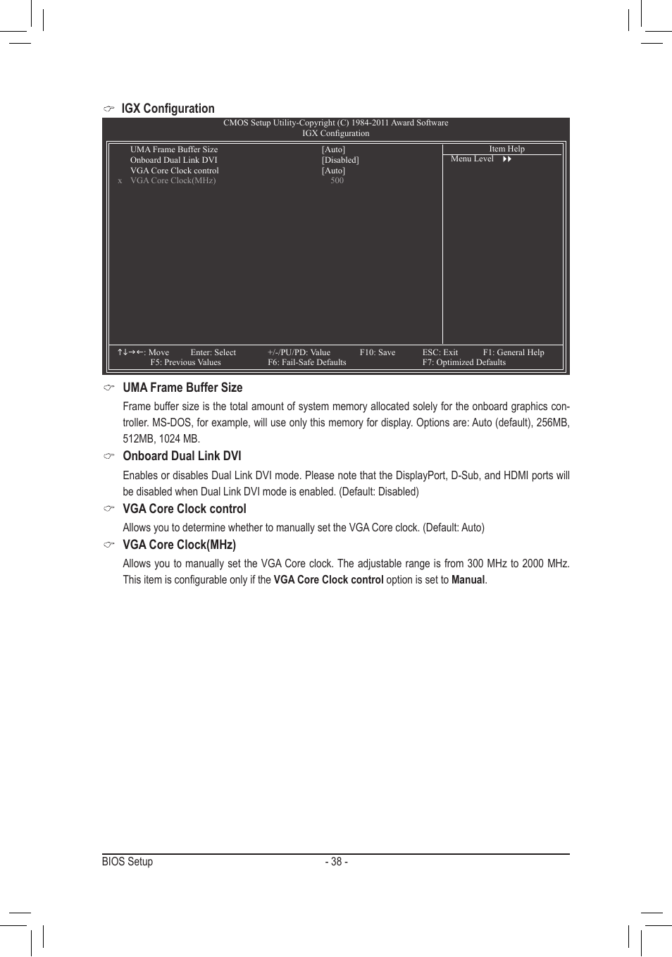 Igx configuration uma frame buffer size, Onboard dual link dvi, Vga core clock control | Vga core clock(mhz) | chiliGREEN GA-A75M-UD2H User Manual | Page 38 / 96